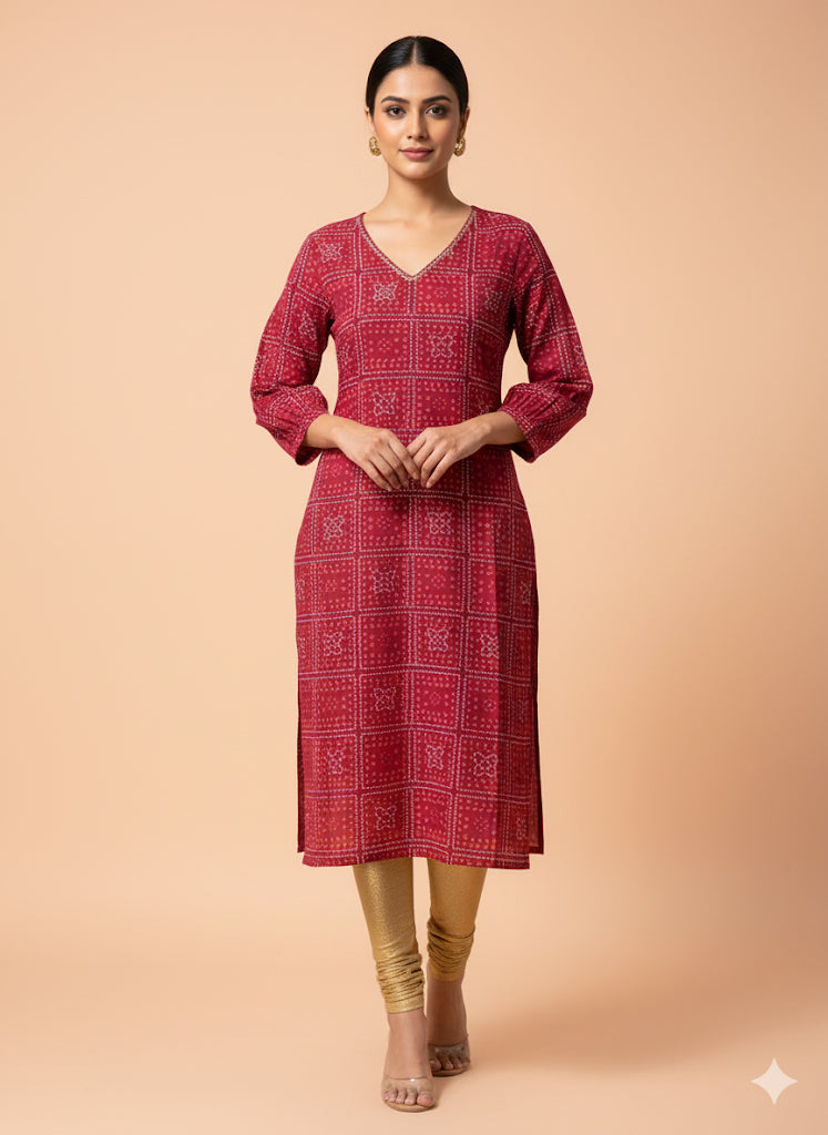 Cotton Kurti Full hands pink Bhandini square orange and cream design full length kurti
