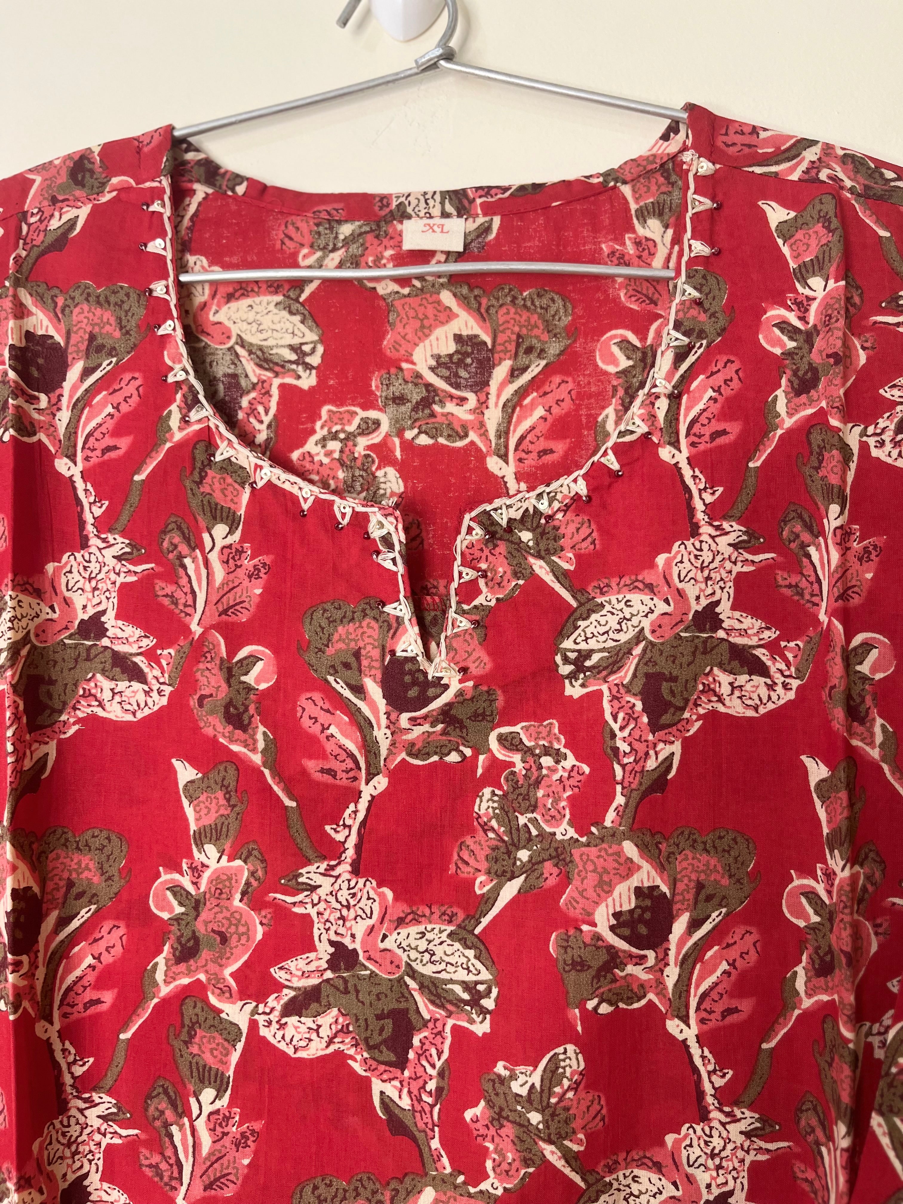Cotton Full hands red floral full length kurti