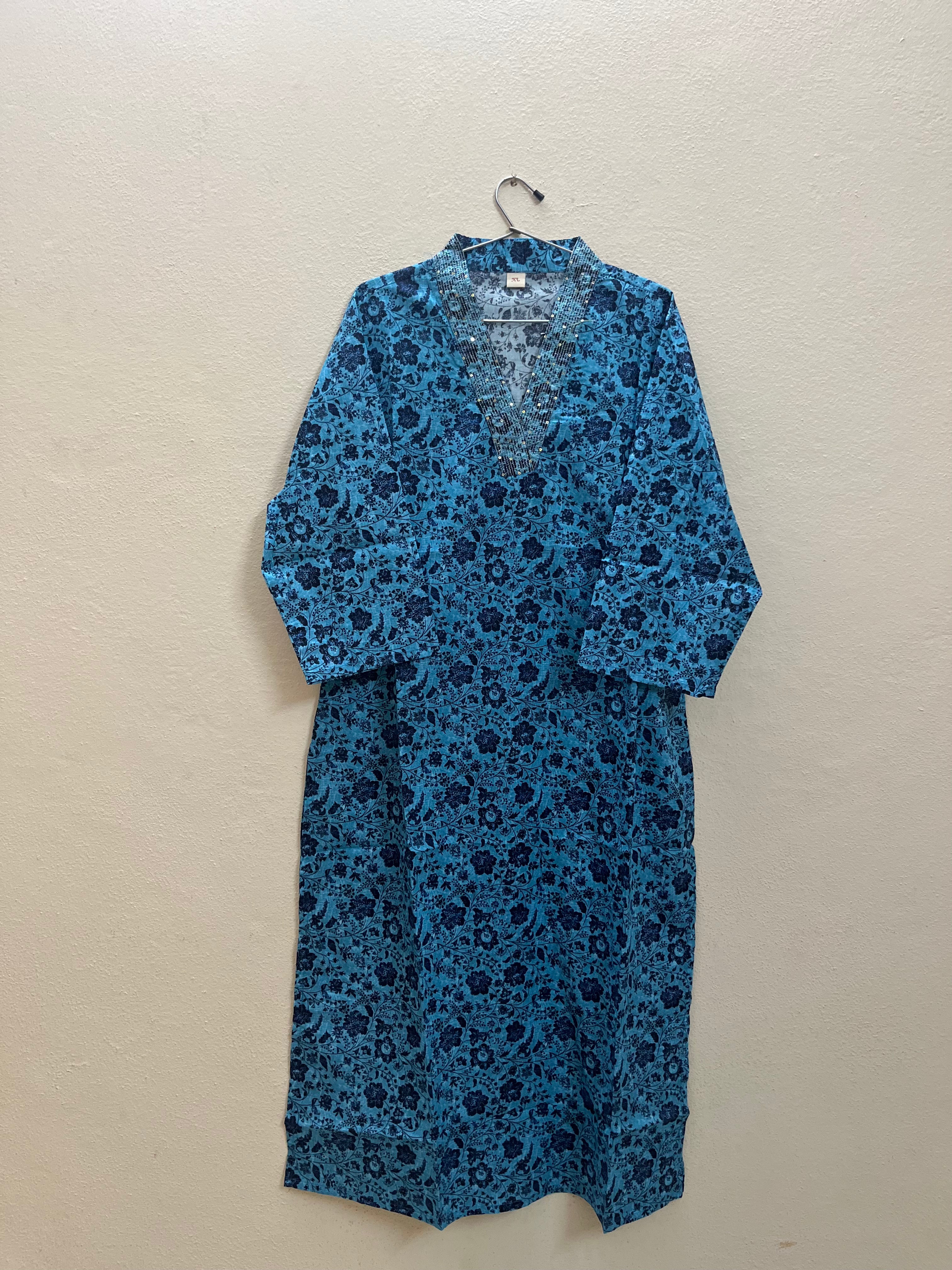 Cotton Full hands blue floral full length kurthi
