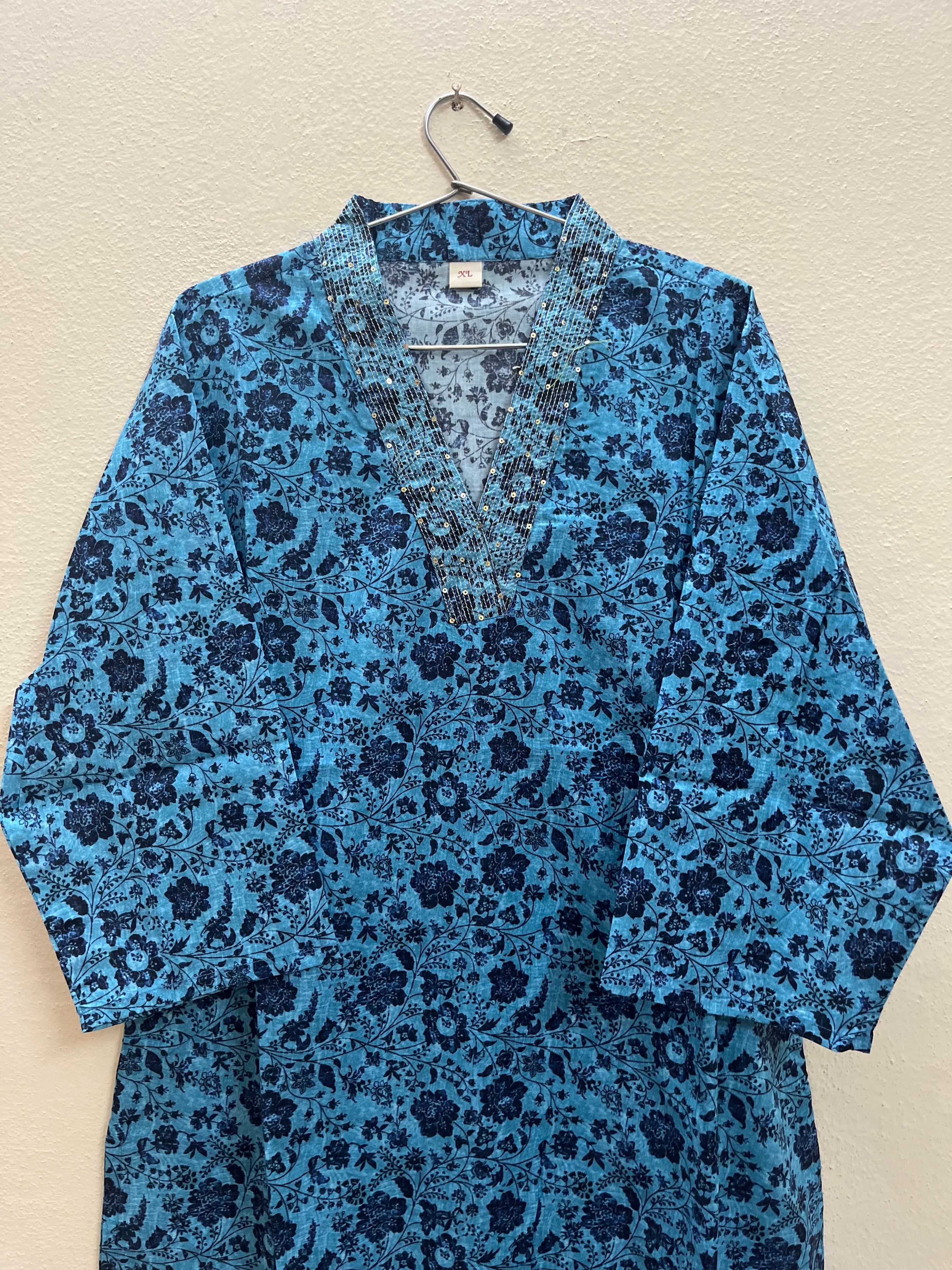 Cotton Full hands blue floral full length kurthi