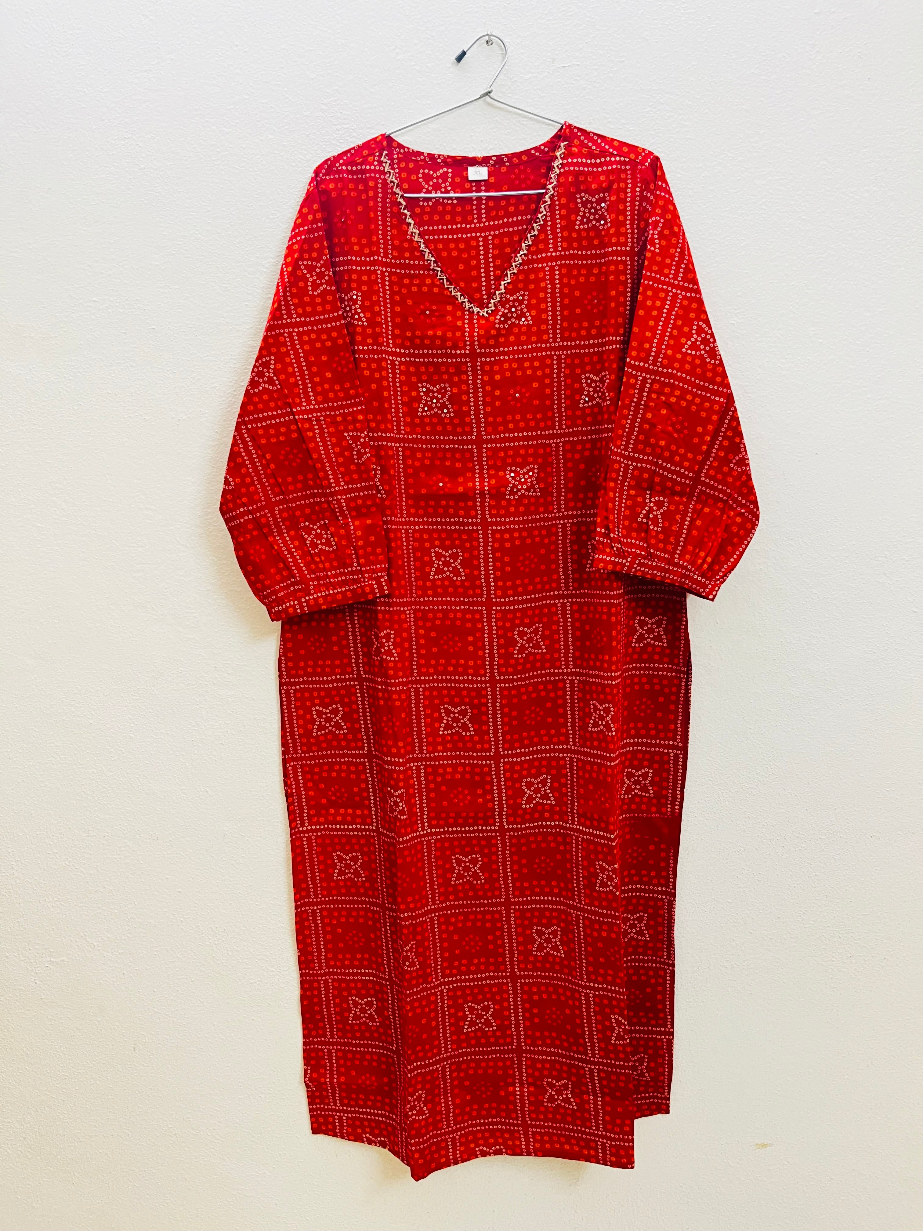 Cotton Full hands red Bhandini square orange and cream design full length kurti