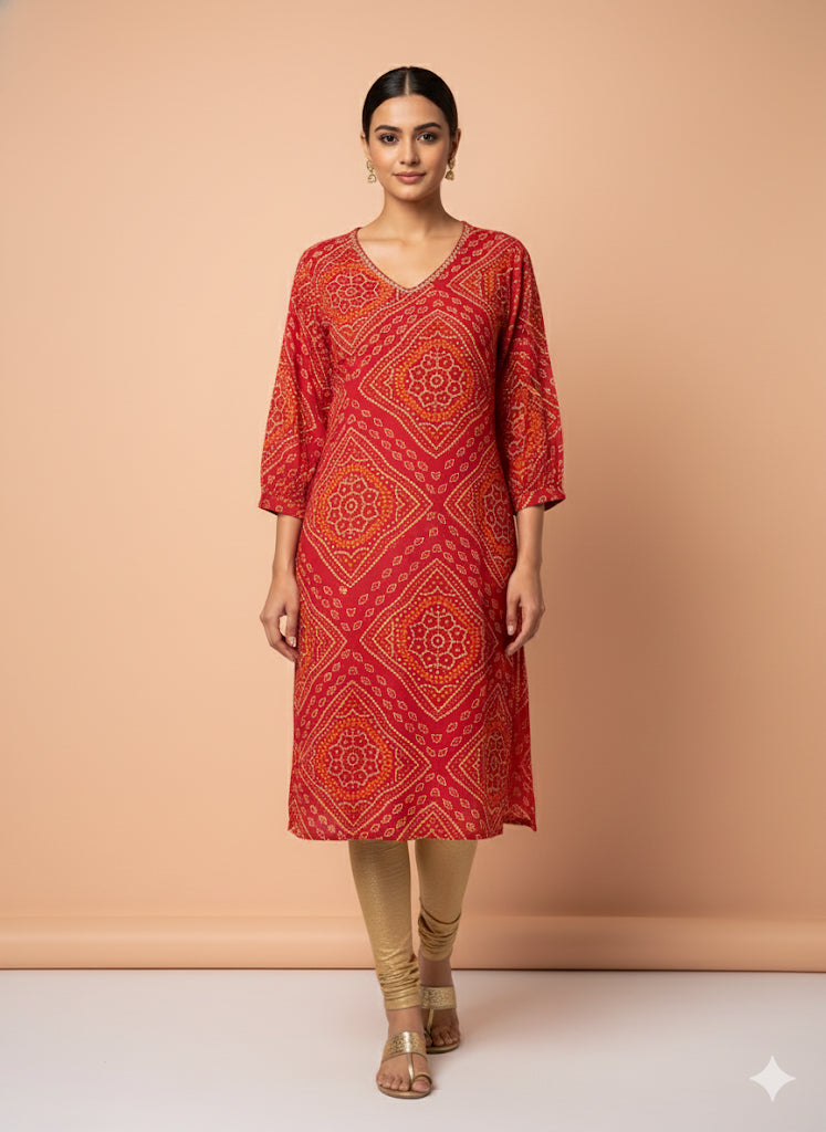 Cotton Full hands red Bhandini r orange and cream design full length kurti