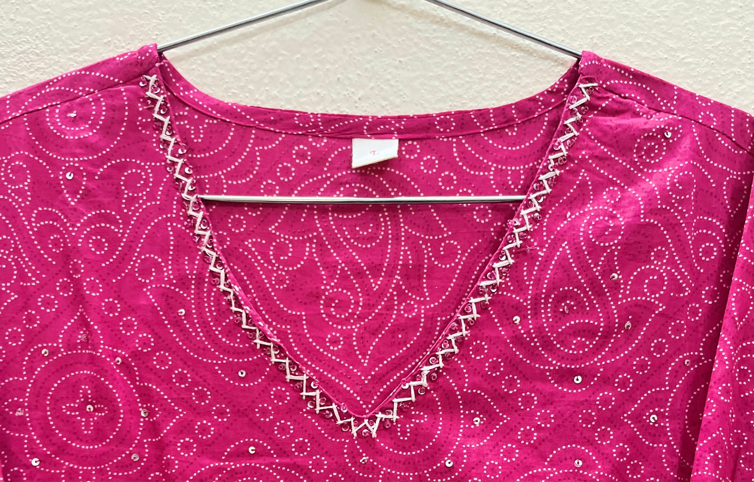 Cotton Full hands pink Bhandini rangoli white design full length kurti