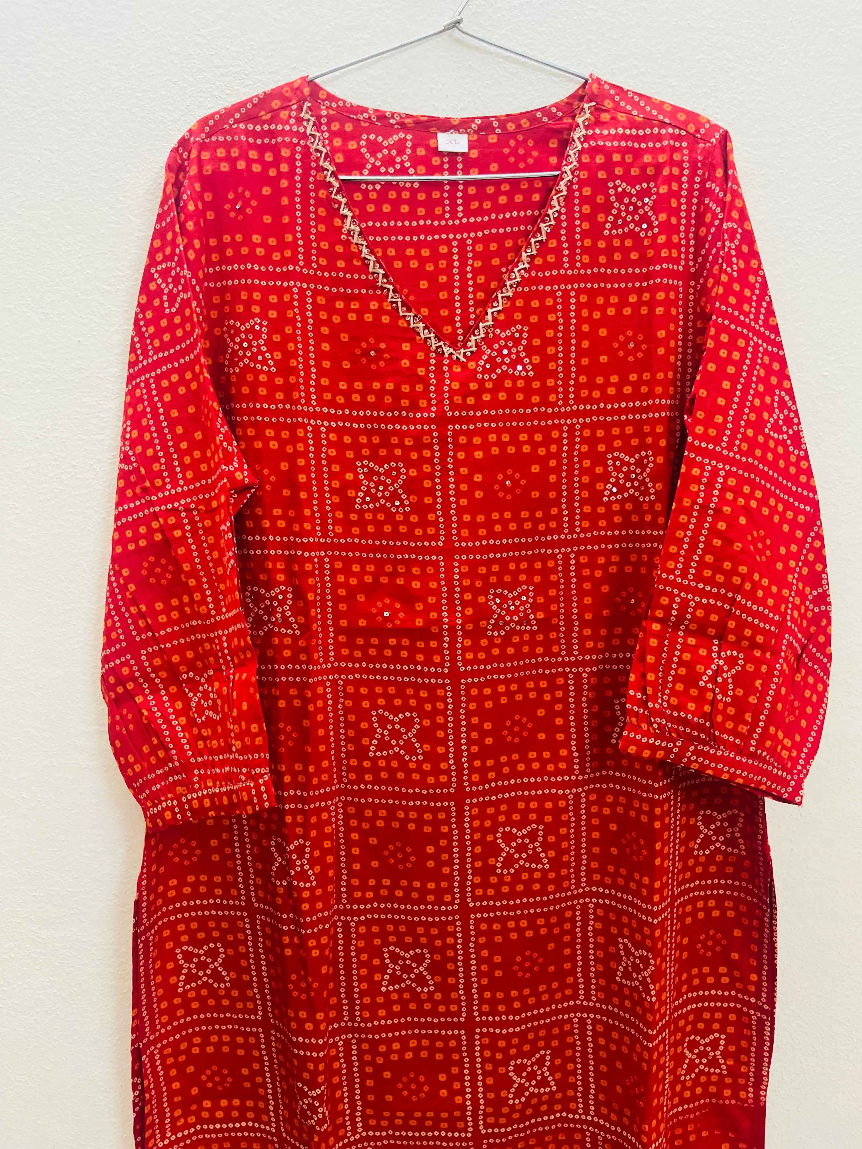 Cotton Full hands red Bhandini square orange and cream design full length kurti