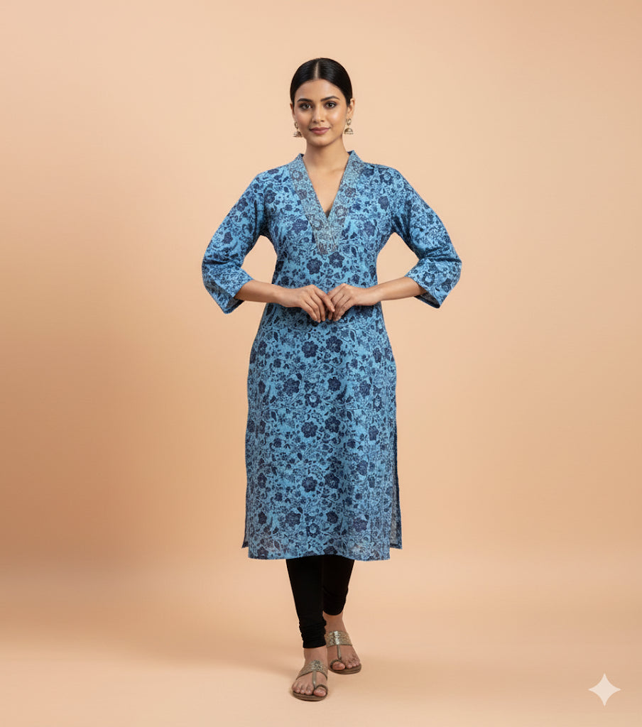Cotton Full hands blue floral full length kurthi