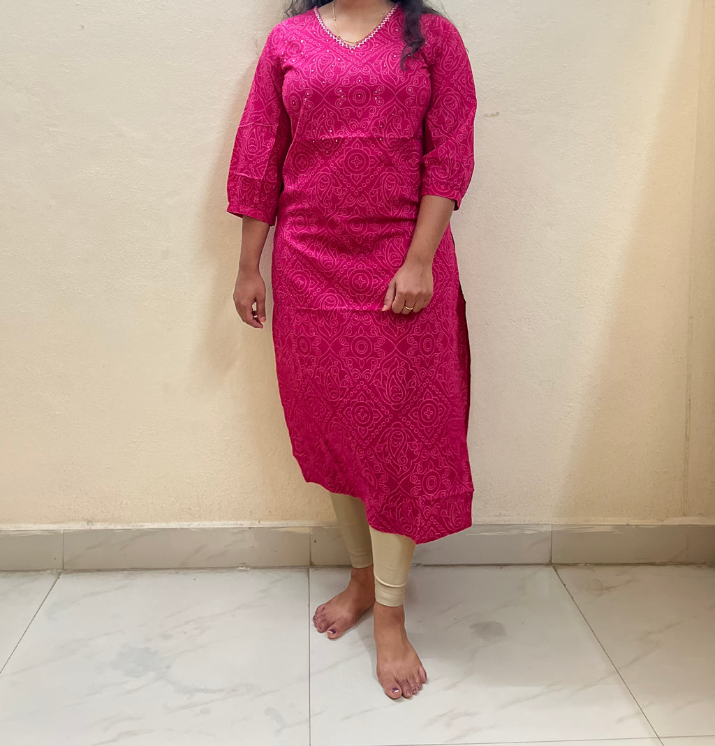 Cotton Full hands pink Bhandini rangoli white design full length kurti