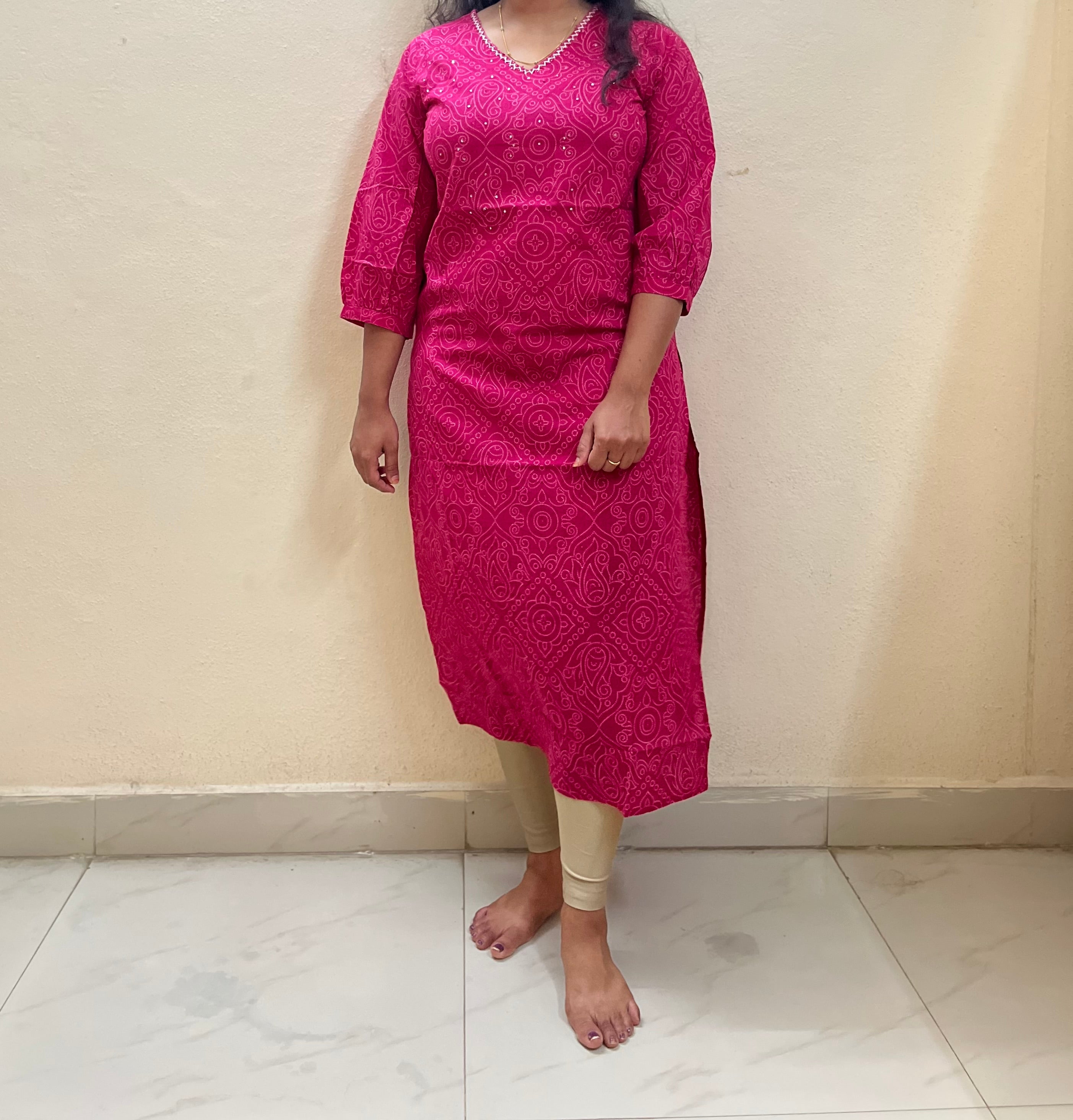 Cotton Full hands pink Bhandini rangoli white design full length kurti