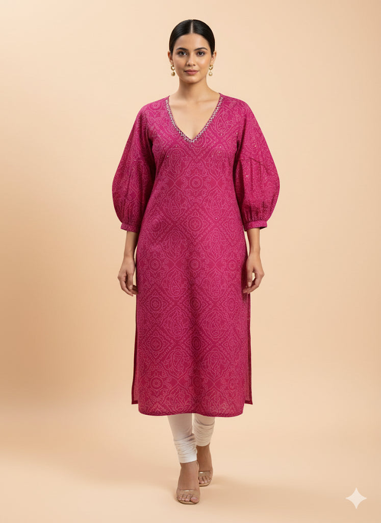 Cotton Full hands pink Bhandini rangoli white design full length kurti