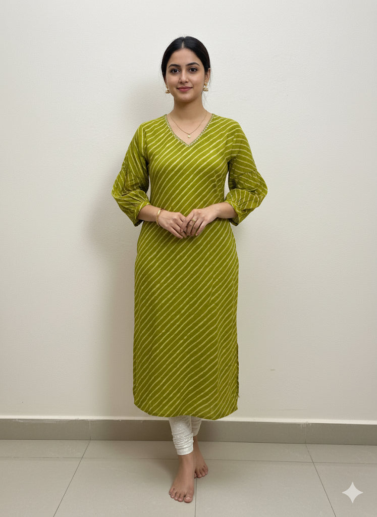 Cotton Full hands olive green stripes full length kurti