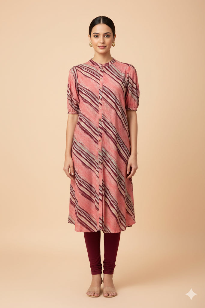 Pink Full-Length muslin Kurti with Elbow Sleeves