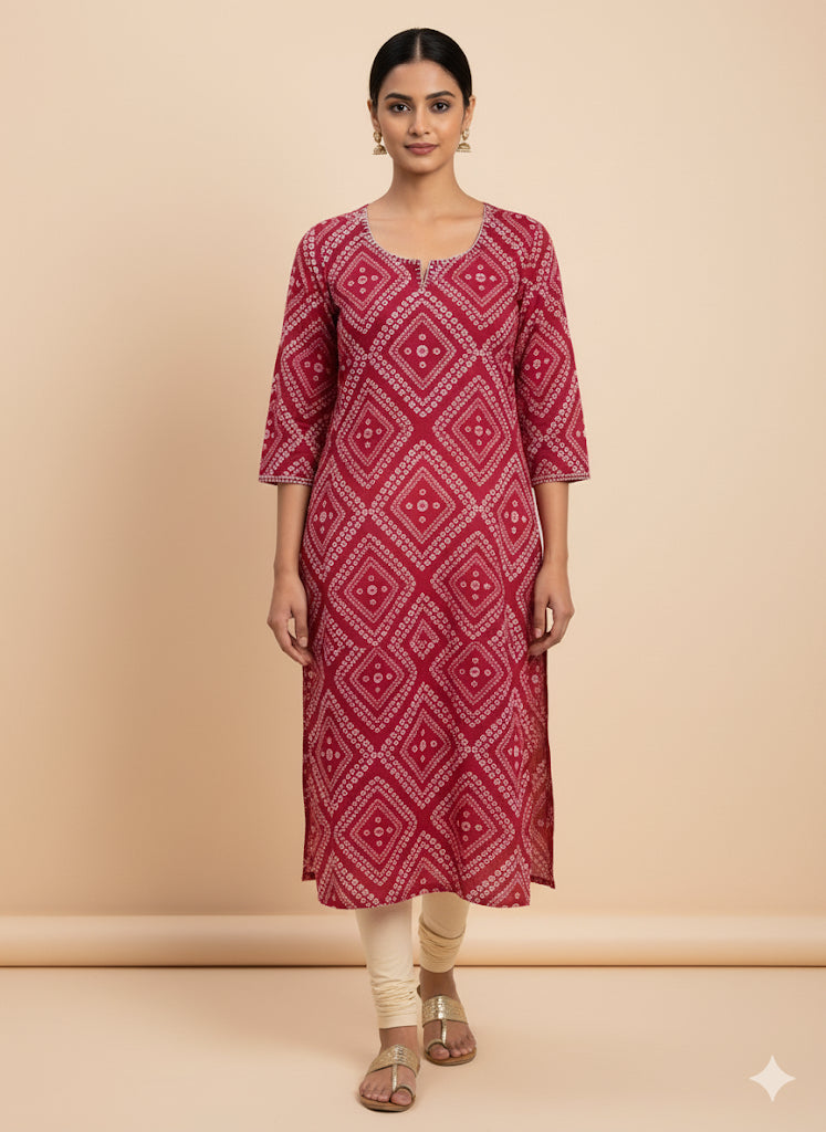 Cotton Full hands red Bhandini diamond white design full length kurti