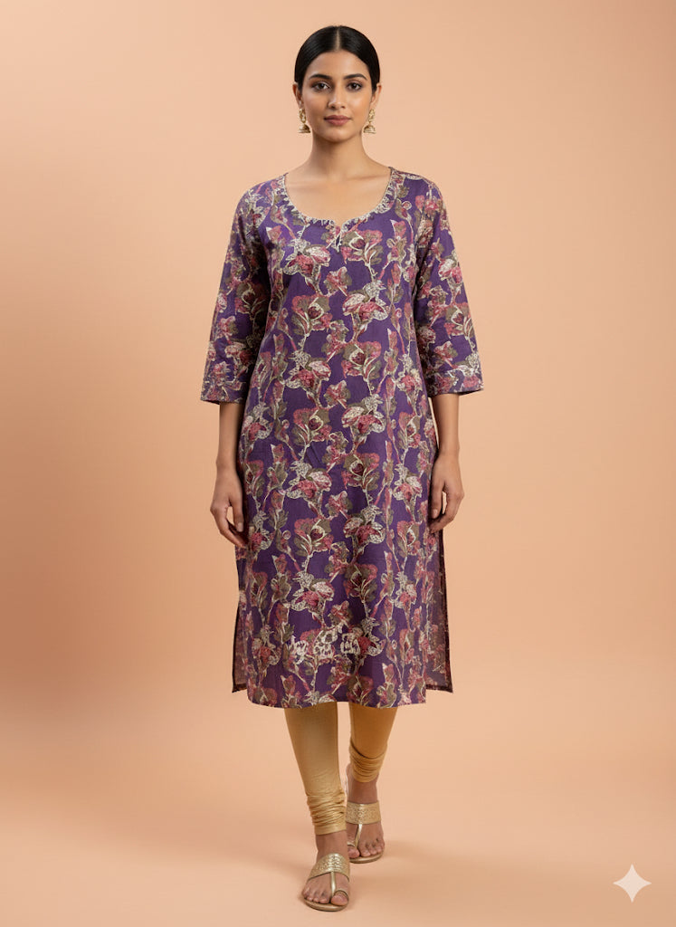 Cotton Full hands violet floral full length kurti