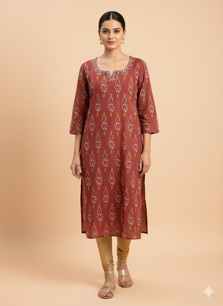 Brown colour ikat cotton full hands kurti