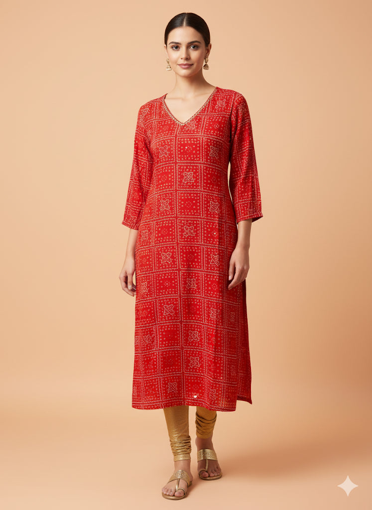 Cotton Full hands red Bhandini square orange and cream design full length kurti