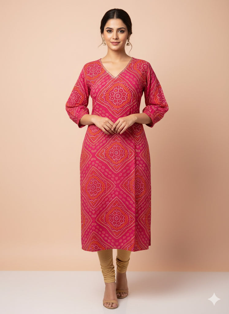 Cotton Full hands pink Bhandini rangoli orange and cream design full length kurti