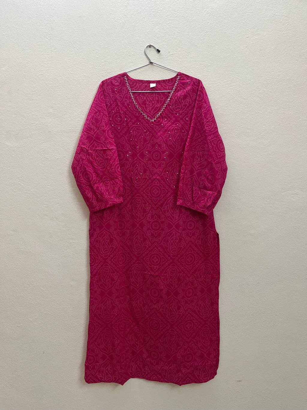 Cotton Full hands pink Bhandini rangoli white design full length kurti