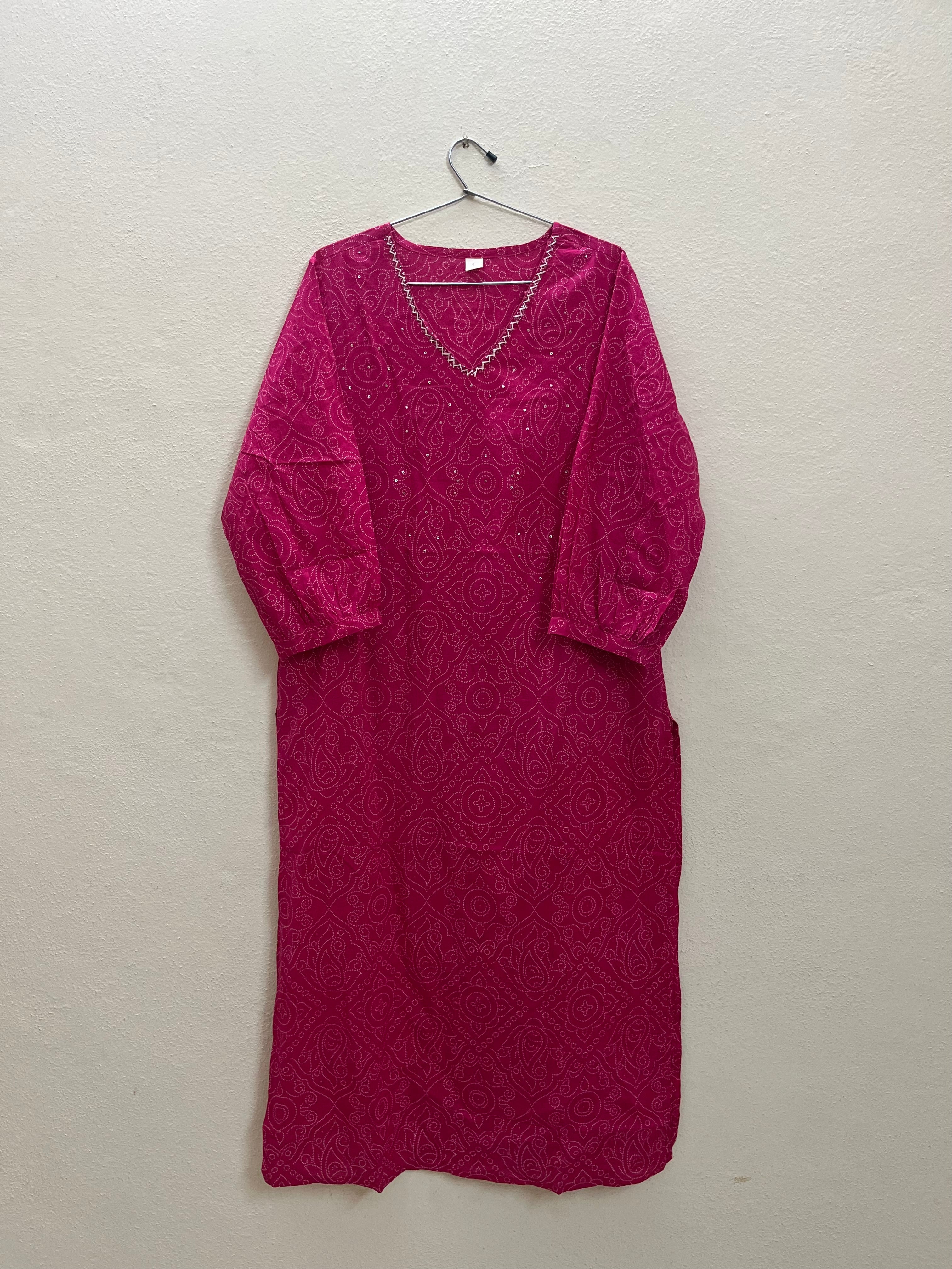 Cotton Full hands pink Bhandini rangoli white design full length kurti