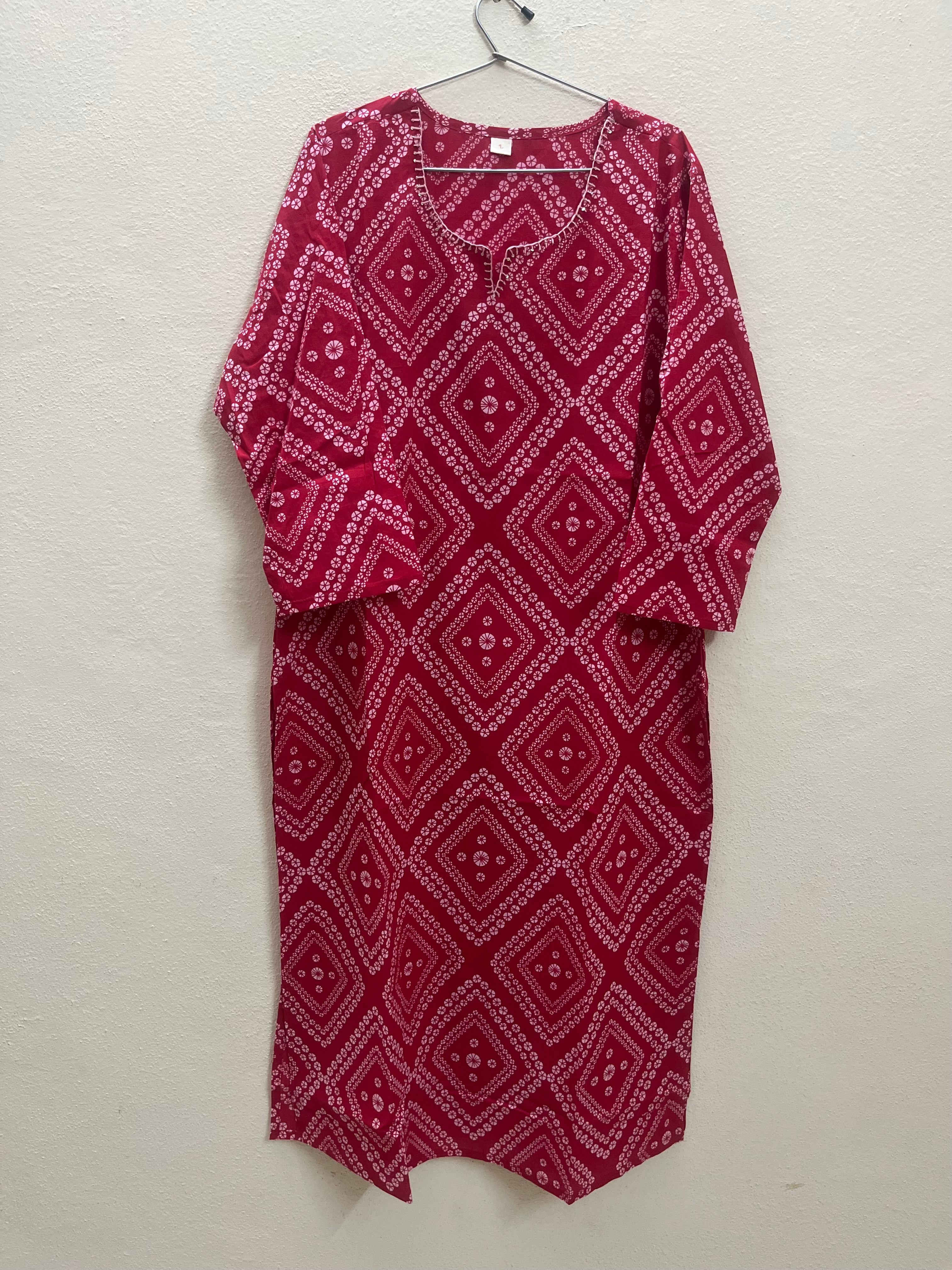 Cotton Full hands red Bhandini diamond white design full length kurti