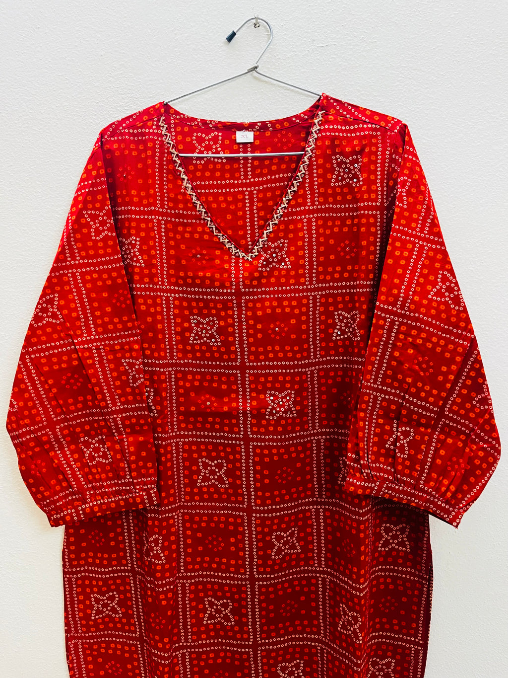 Cotton Full hands red Bhandini square orange and cream design full length kurti