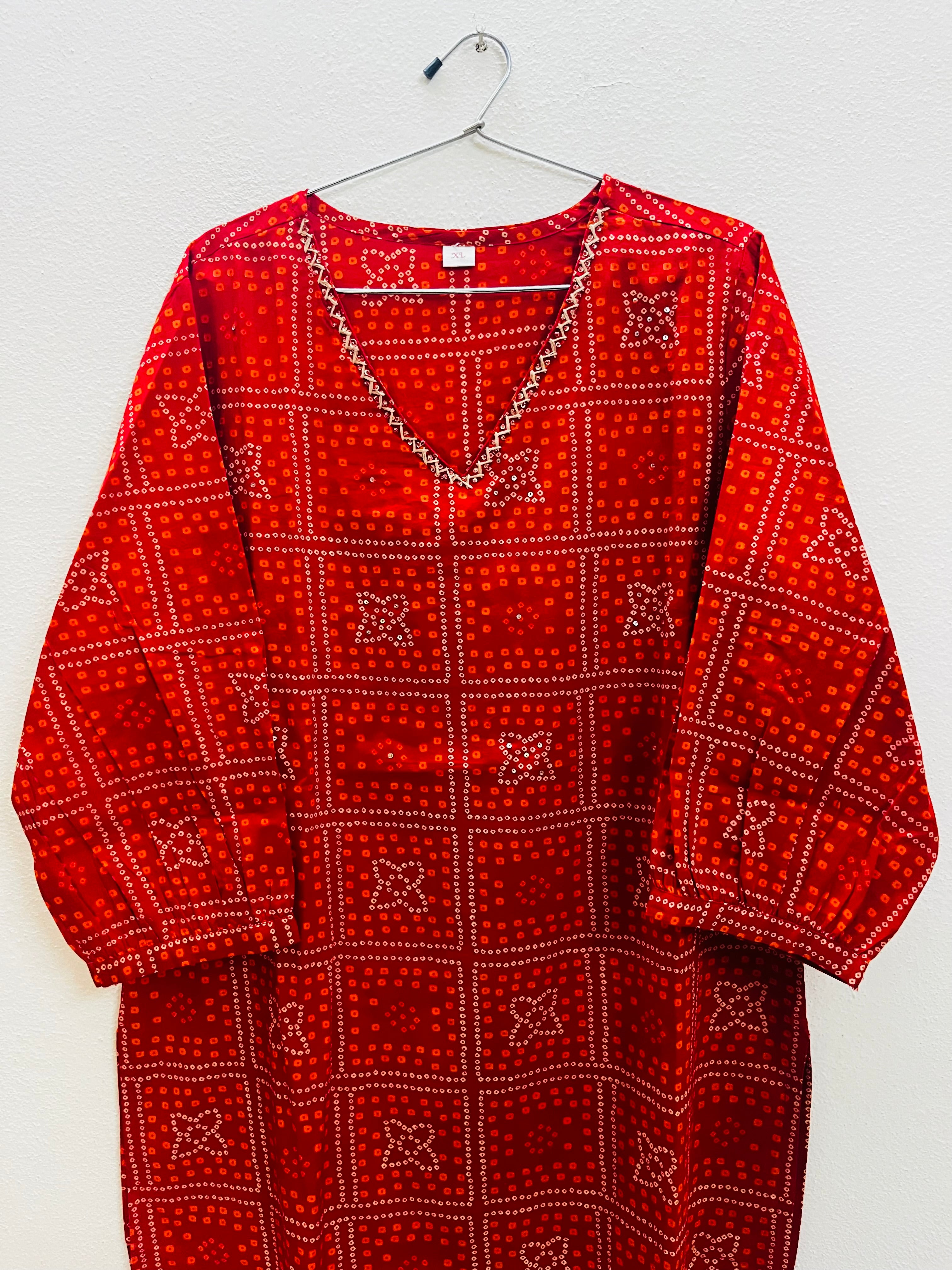 Cotton Full hands red Bhandini square orange and cream design full length kurti