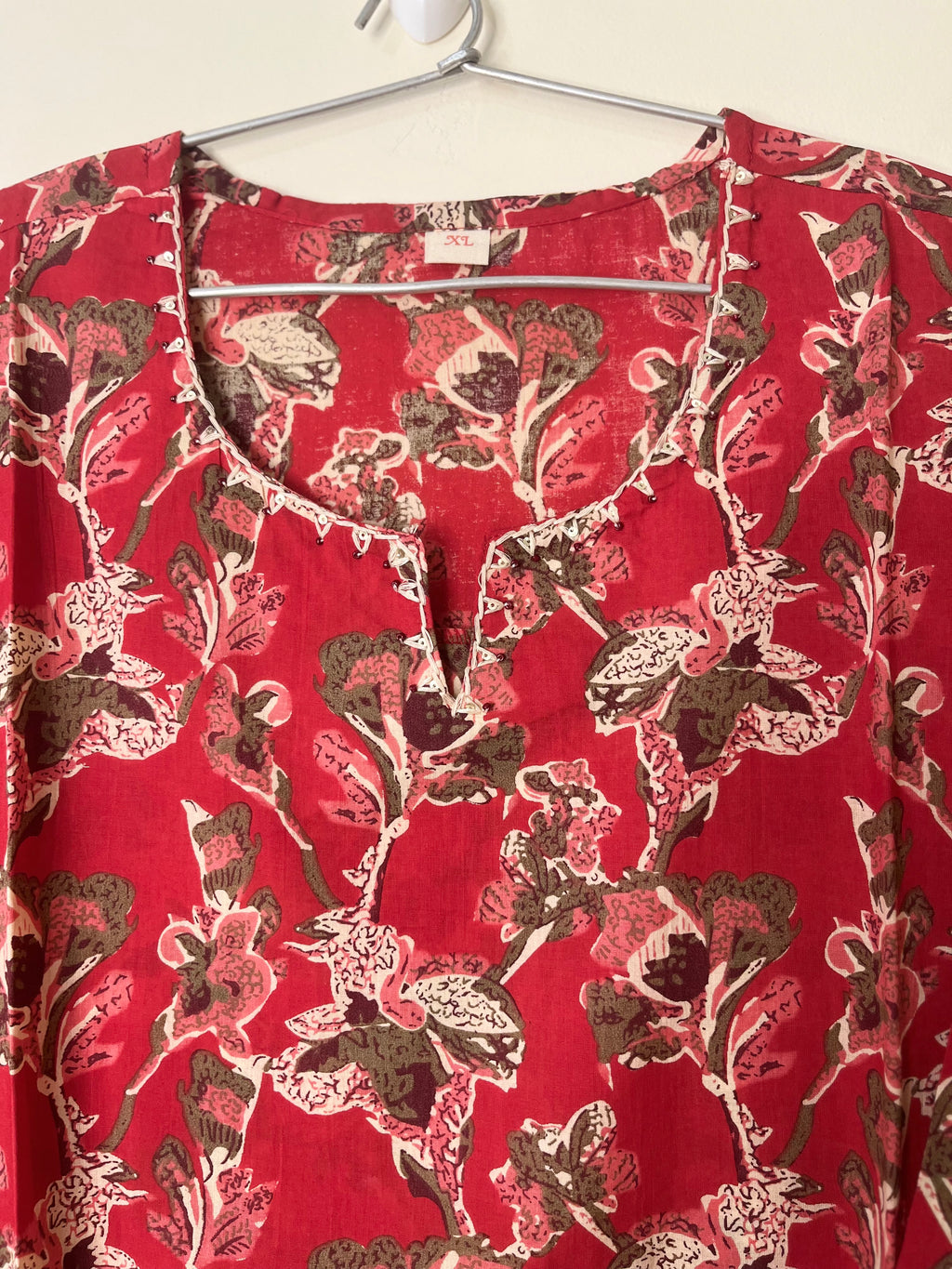 Cotton Full hands red floral full length kurti