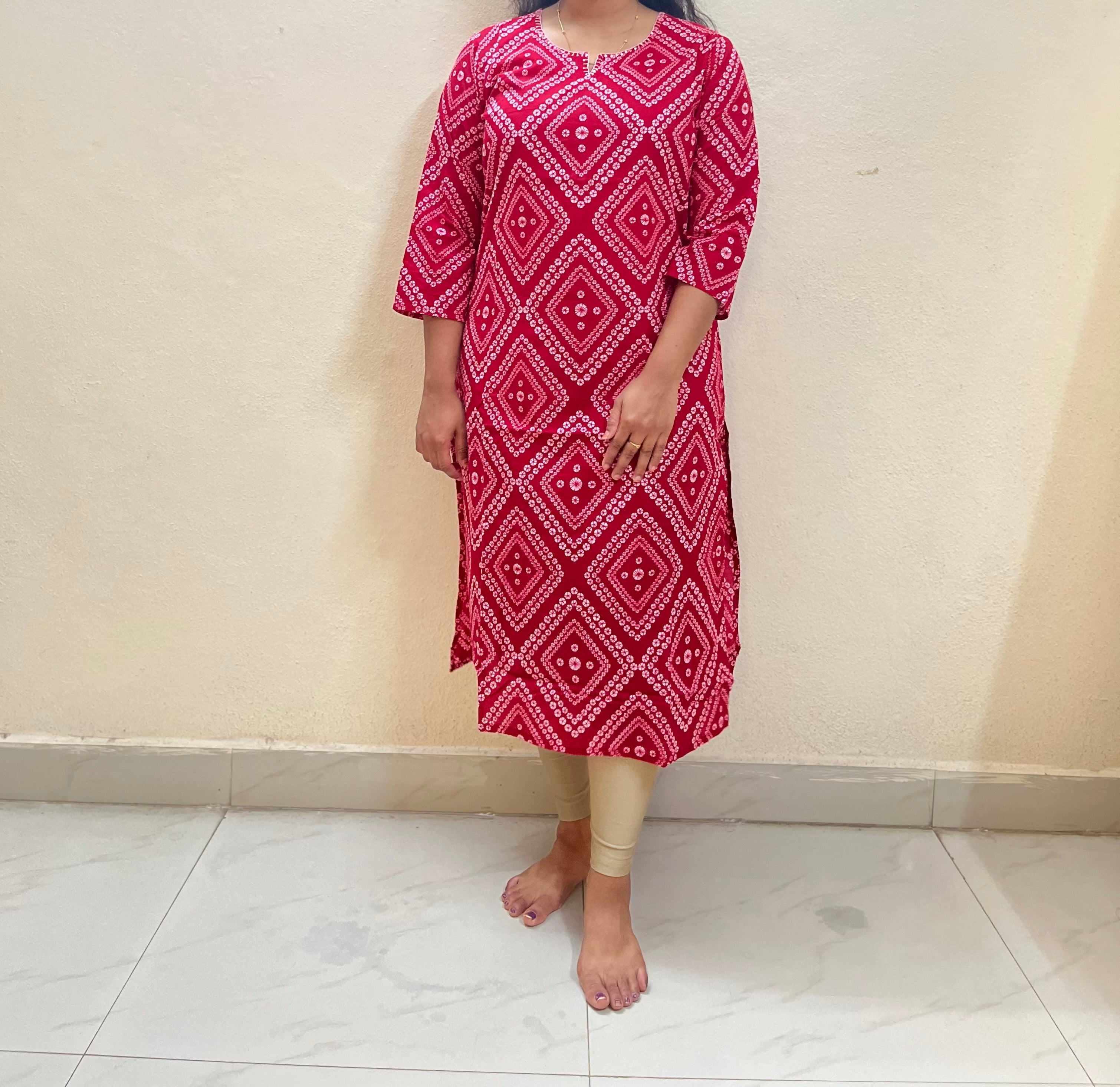 Cotton Full hands red Bhandini diamond white design full length kurti