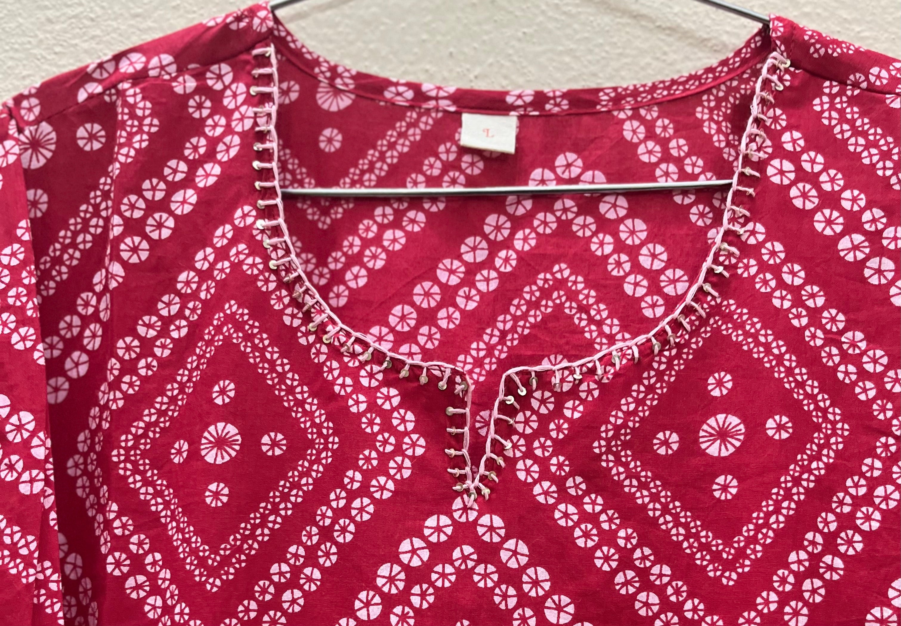 Cotton Full hands red Bhandini diamond white design full length kurti