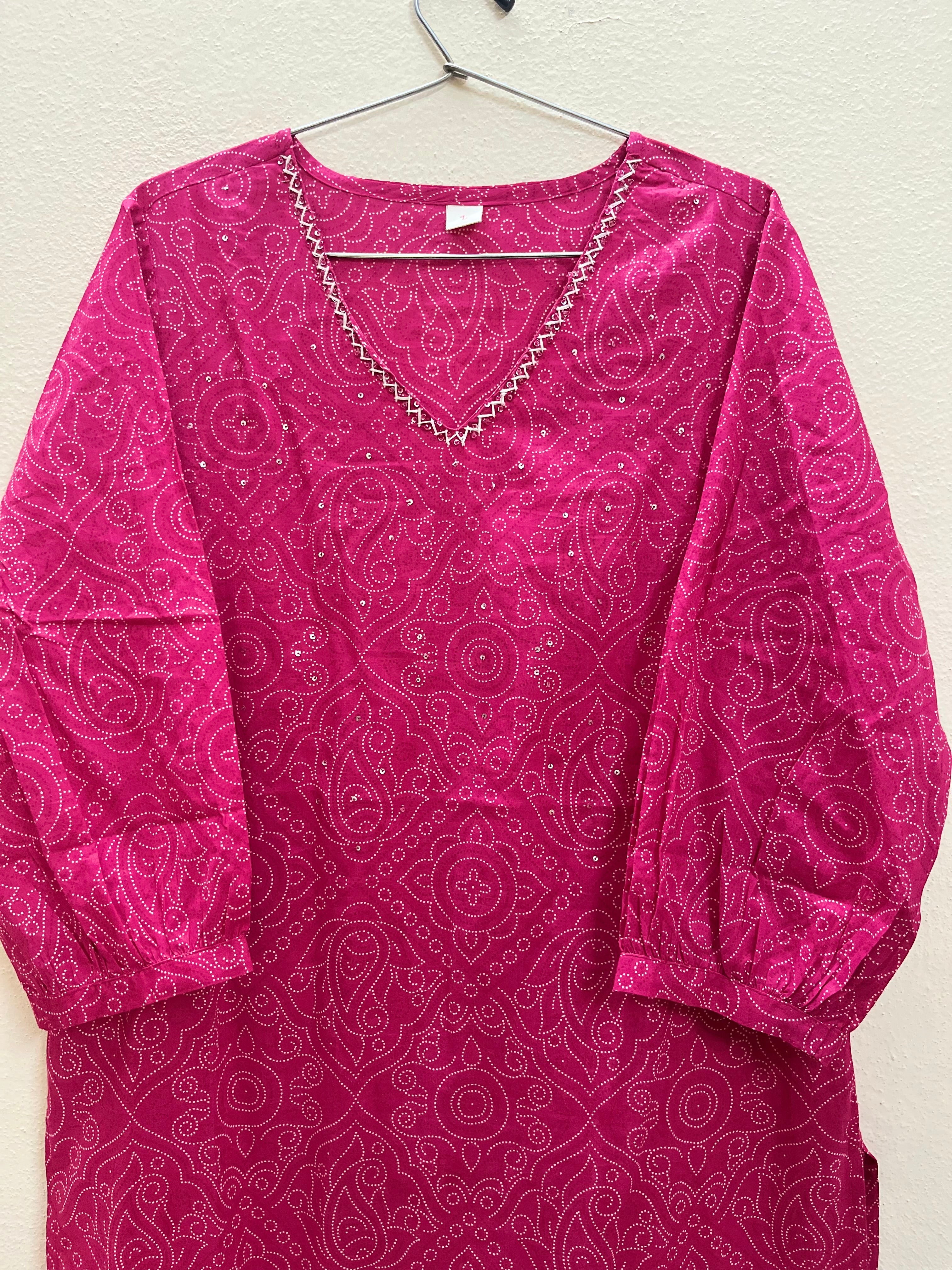 Cotton Full hands pink Bhandini rangoli white design full length kurti