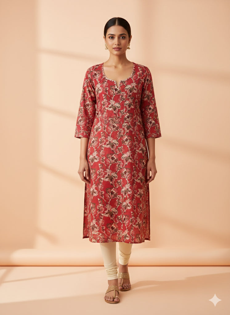 Cotton Full hands red floral full length kurti