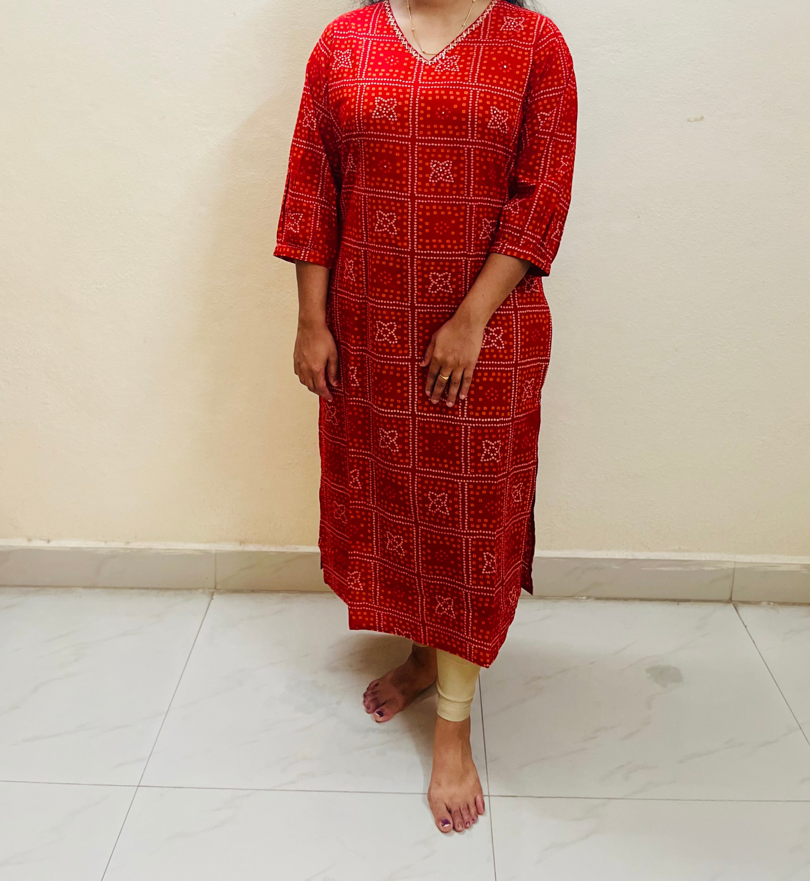 Cotton Full hands red Bhandini square orange and cream design full length kurti
