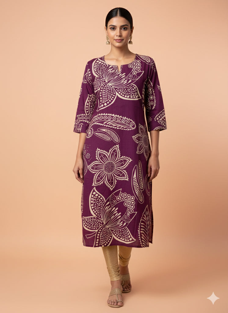 Cotton Kurti Full hands maroon floral full length kurti