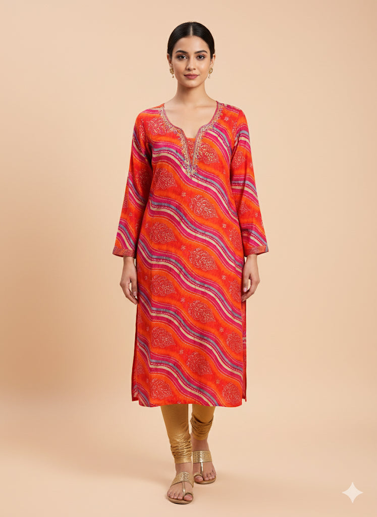 Muslin Kurti Full hands Bandhini embroidery print full length