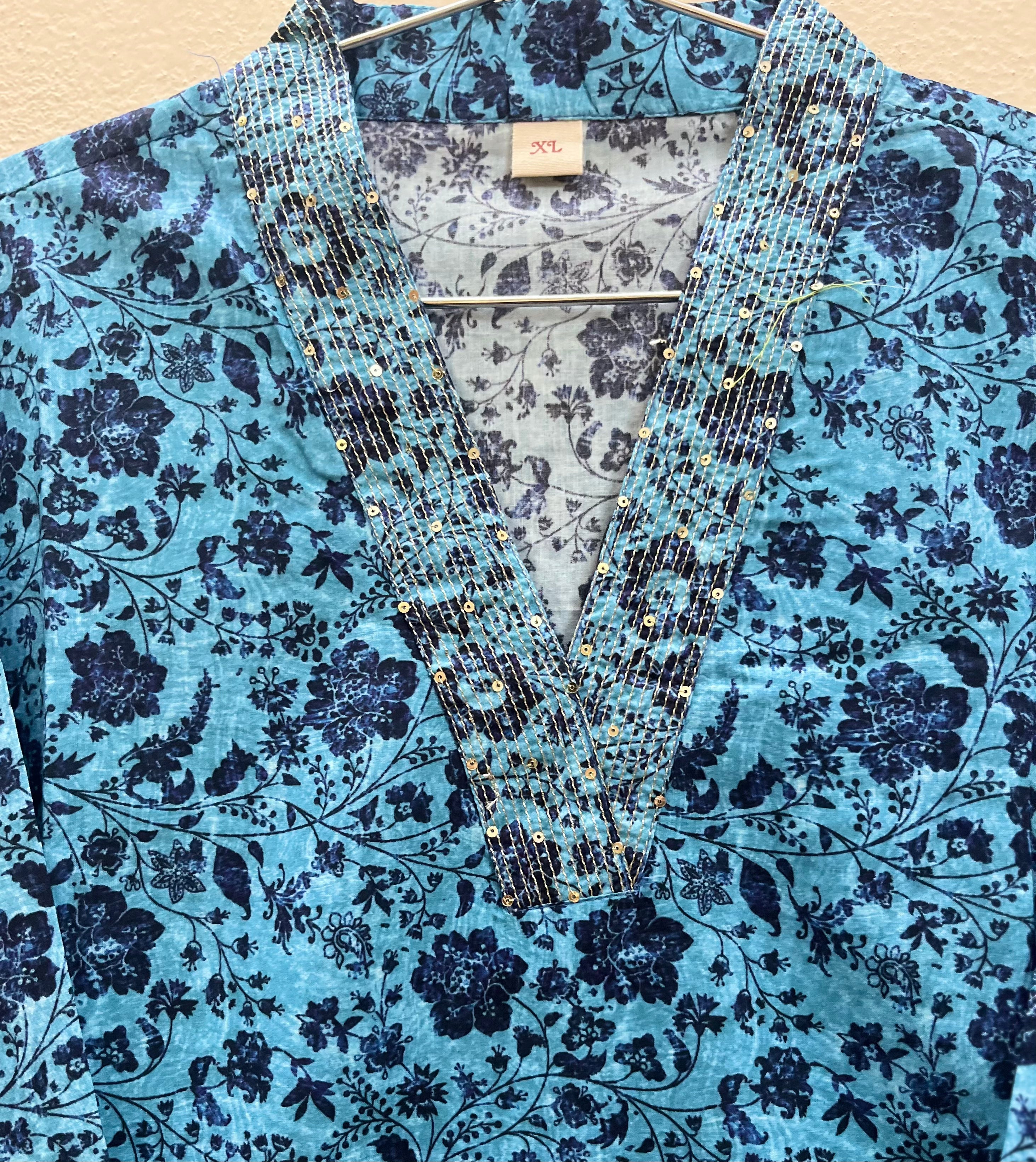 Cotton Full hands blue floral full length kurthi