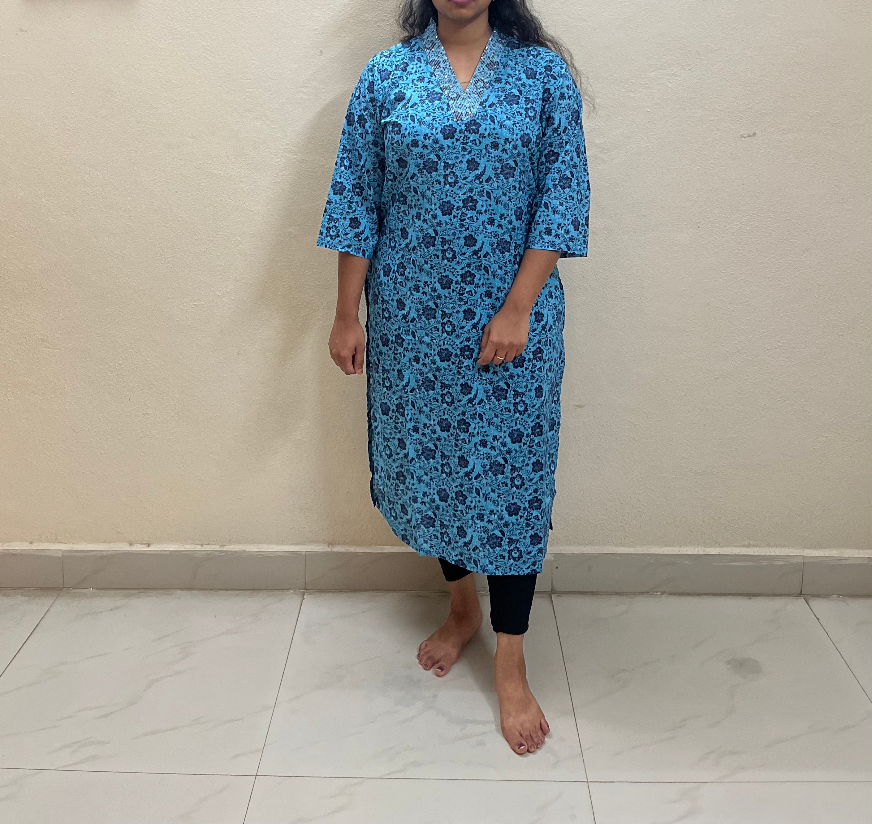 Cotton Full hands blue floral full length kurthi