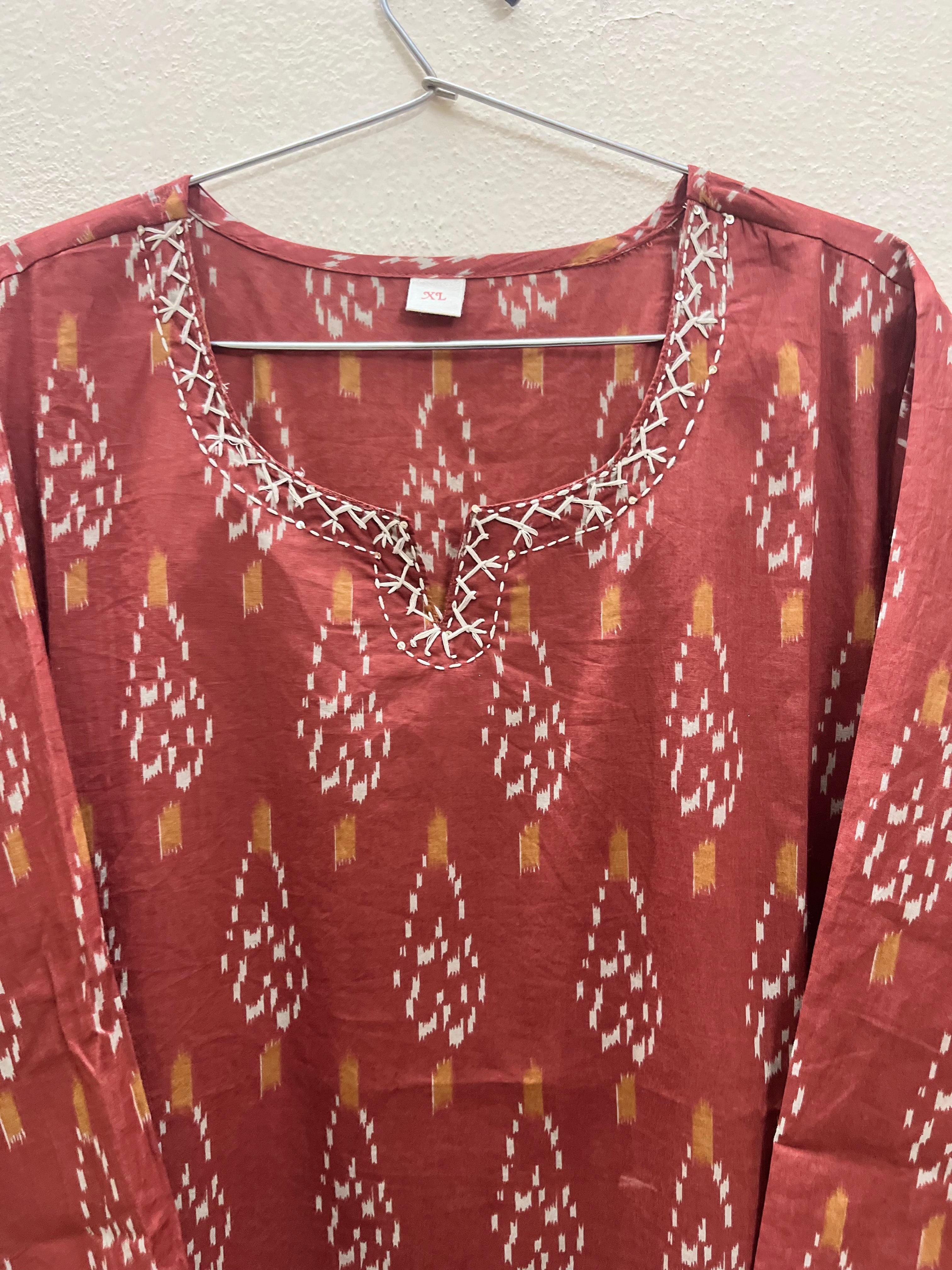 Brown colour ikat cotton full hands kurti