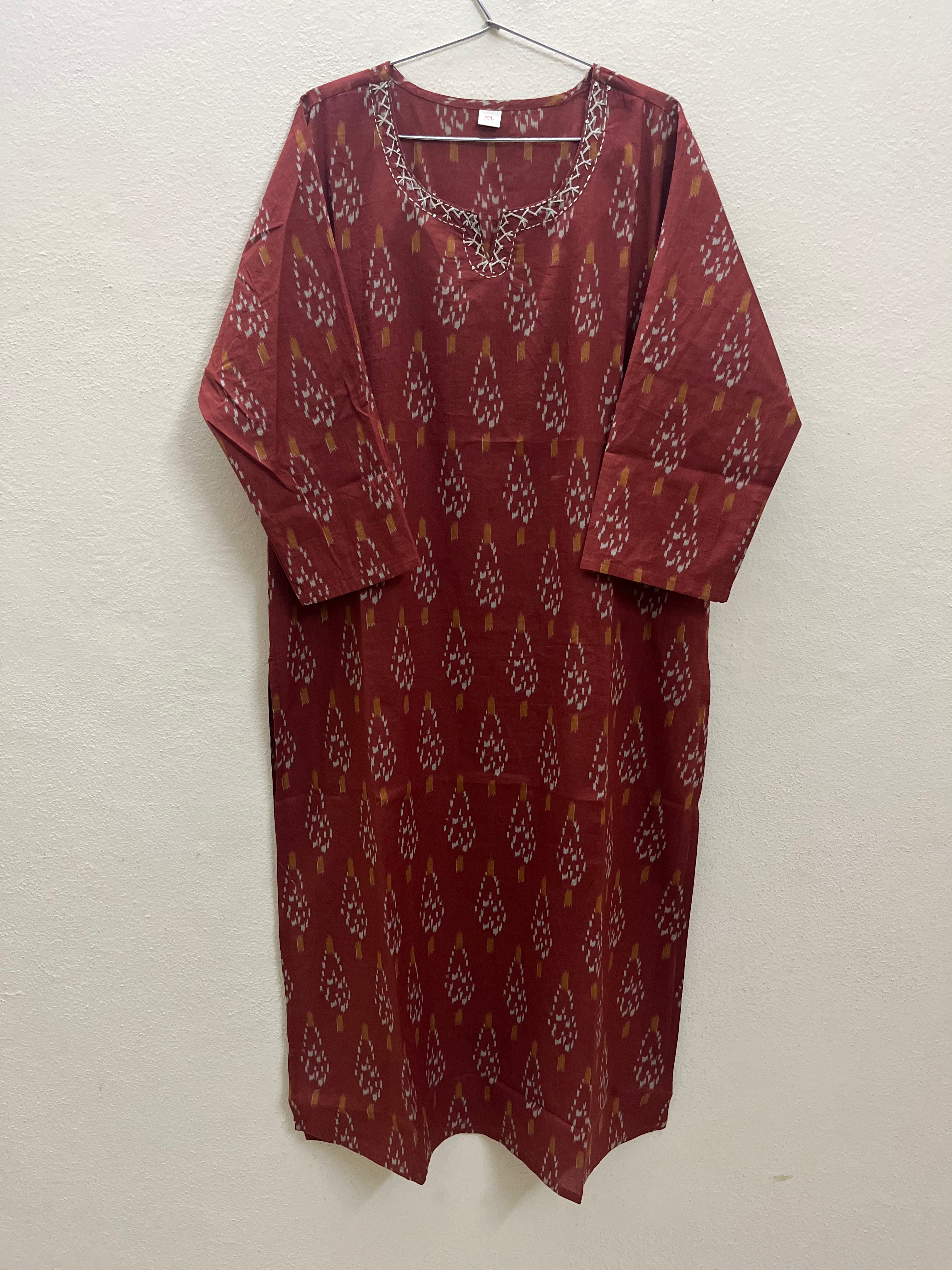 Brown colour ikat cotton full hands kurti
