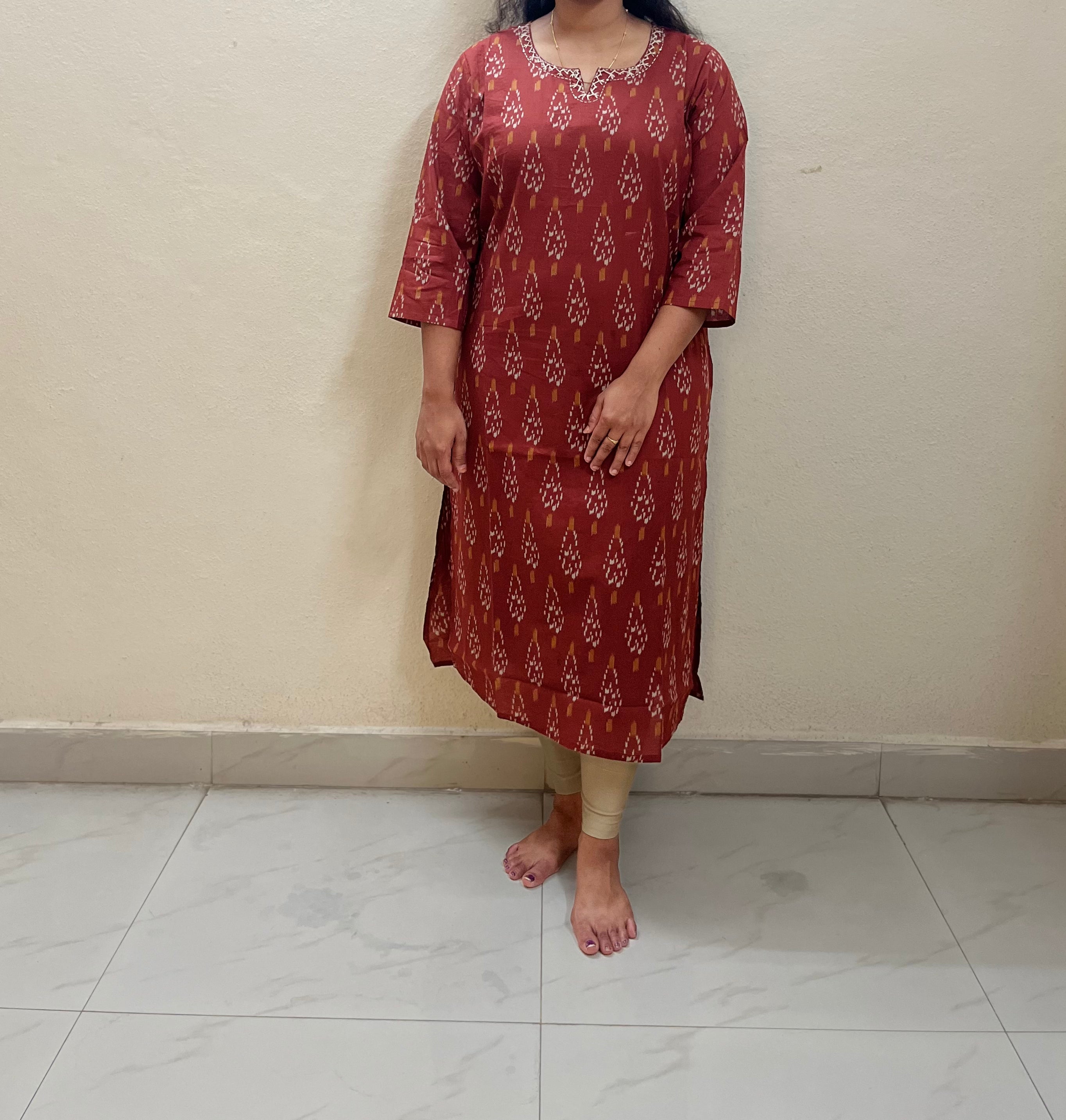 Brown colour ikat cotton full hands kurti