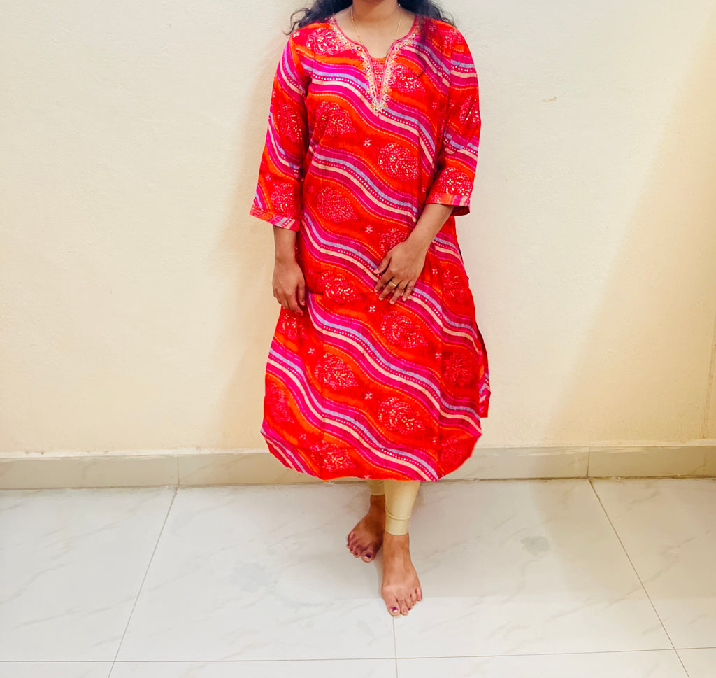 Muslin Kurti Full hands Bandhini embroidery print full length