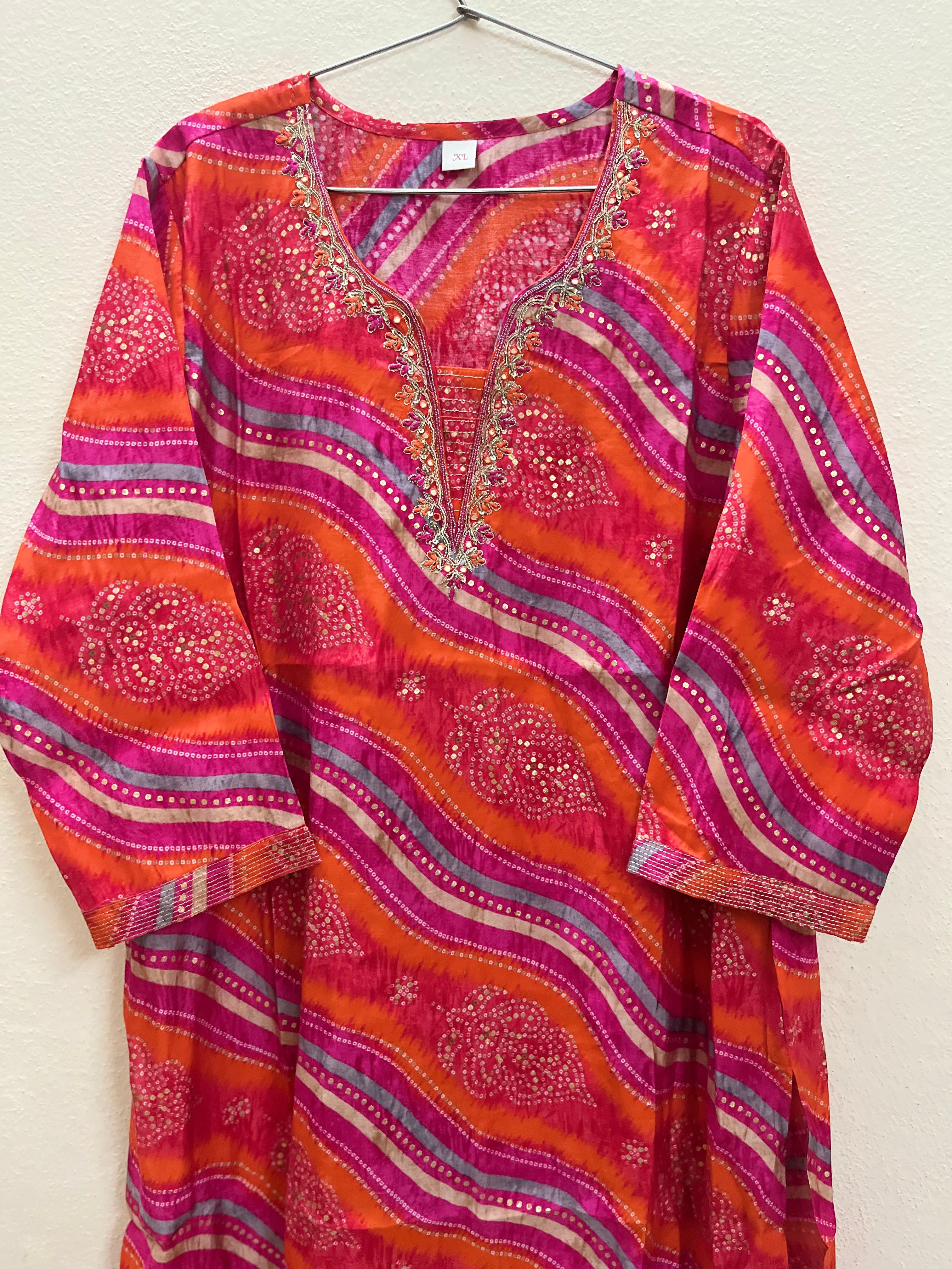 Muslin Kurti Full hands Bandhini embroidery print full length