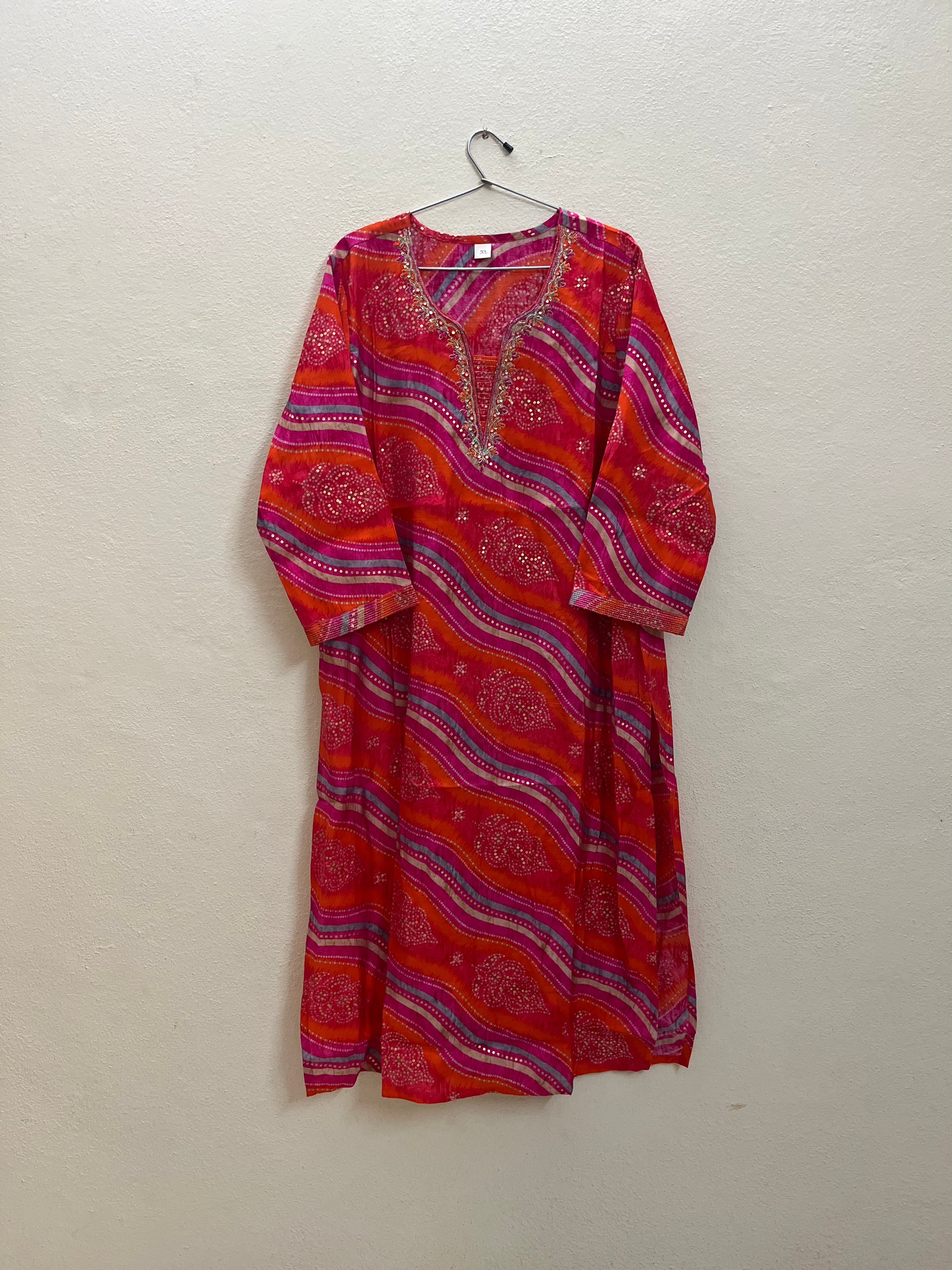 Muslin Kurti Full hands Bandhini embroidery print full length