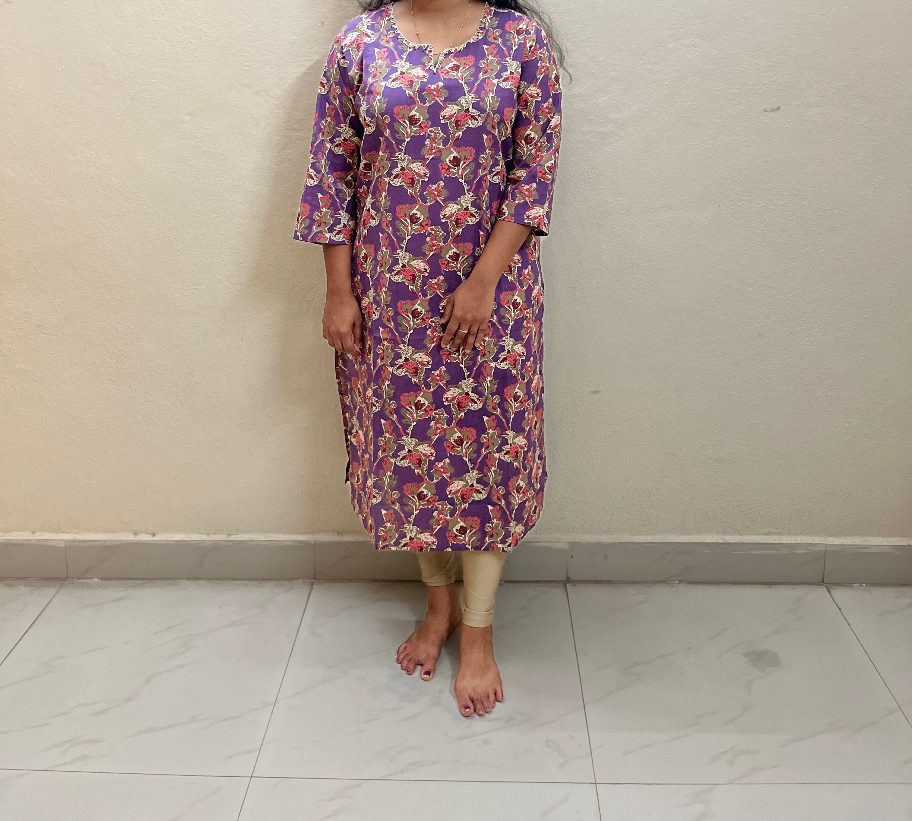 Cotton Full hands violet floral full length kurti
