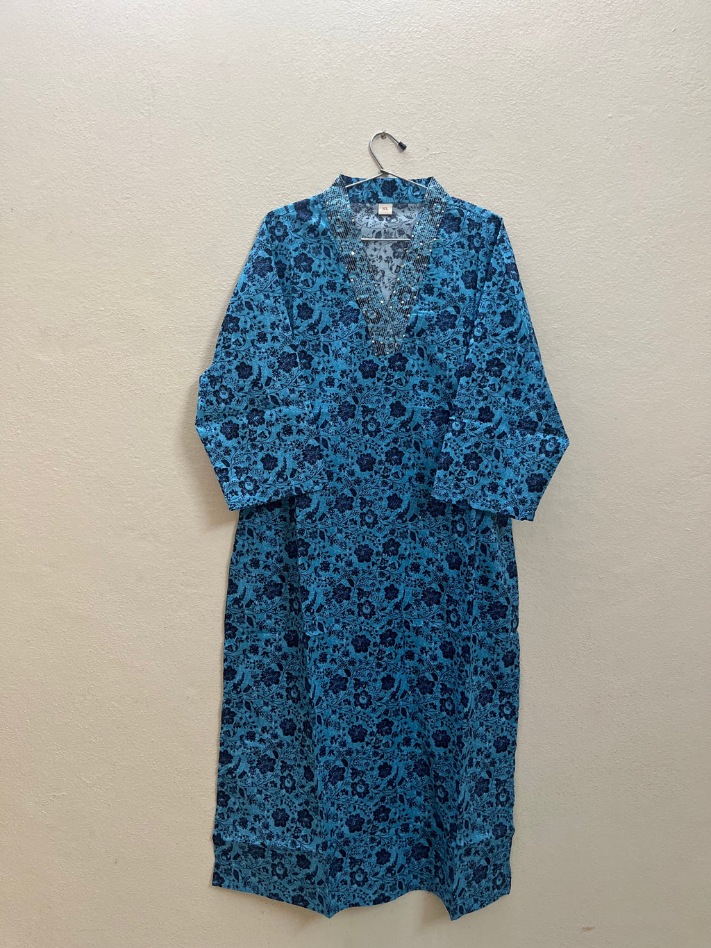 Cotton Full hands blue floral full length kurthi