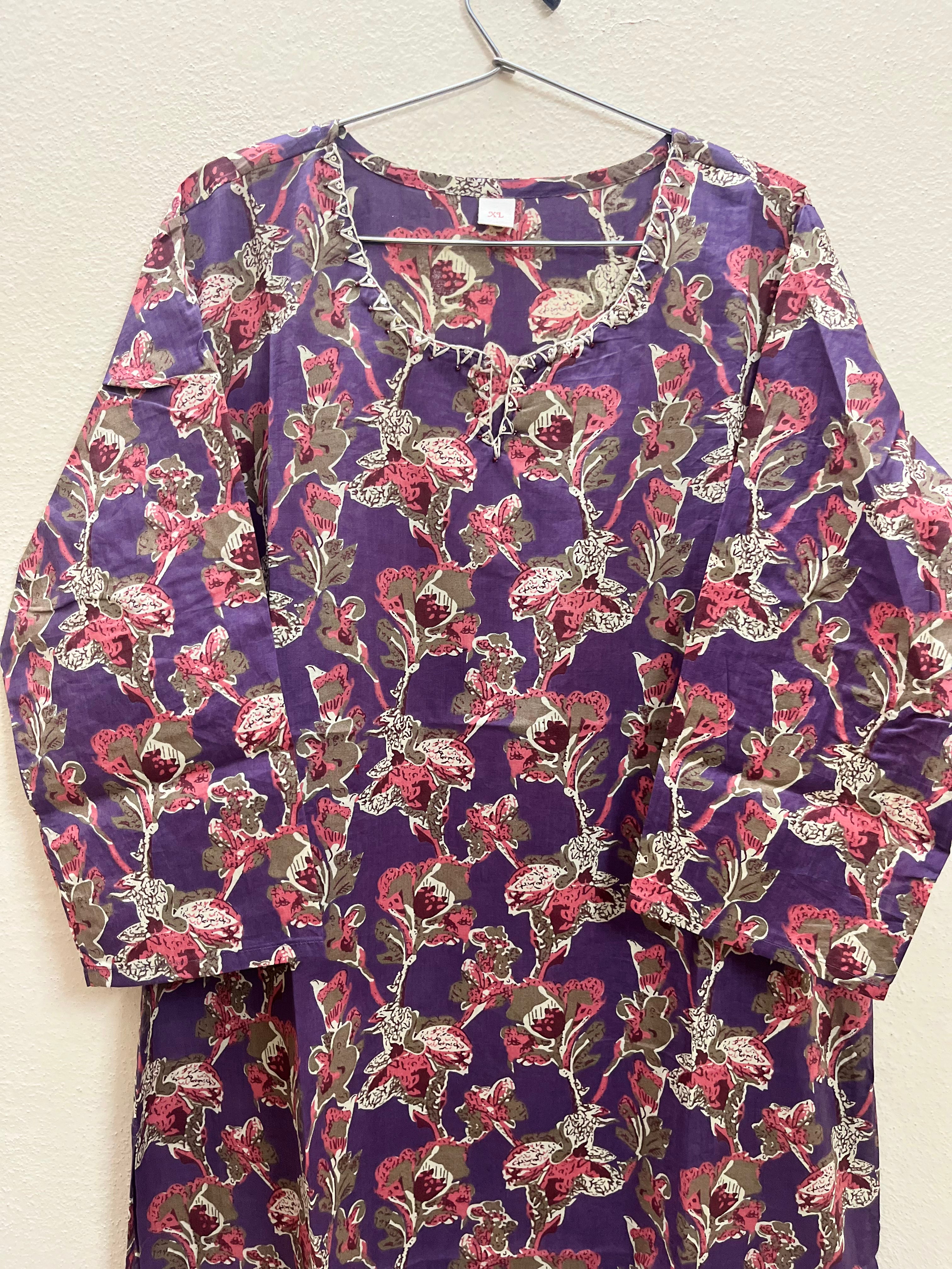 Cotton Full hands violet floral full length kurti