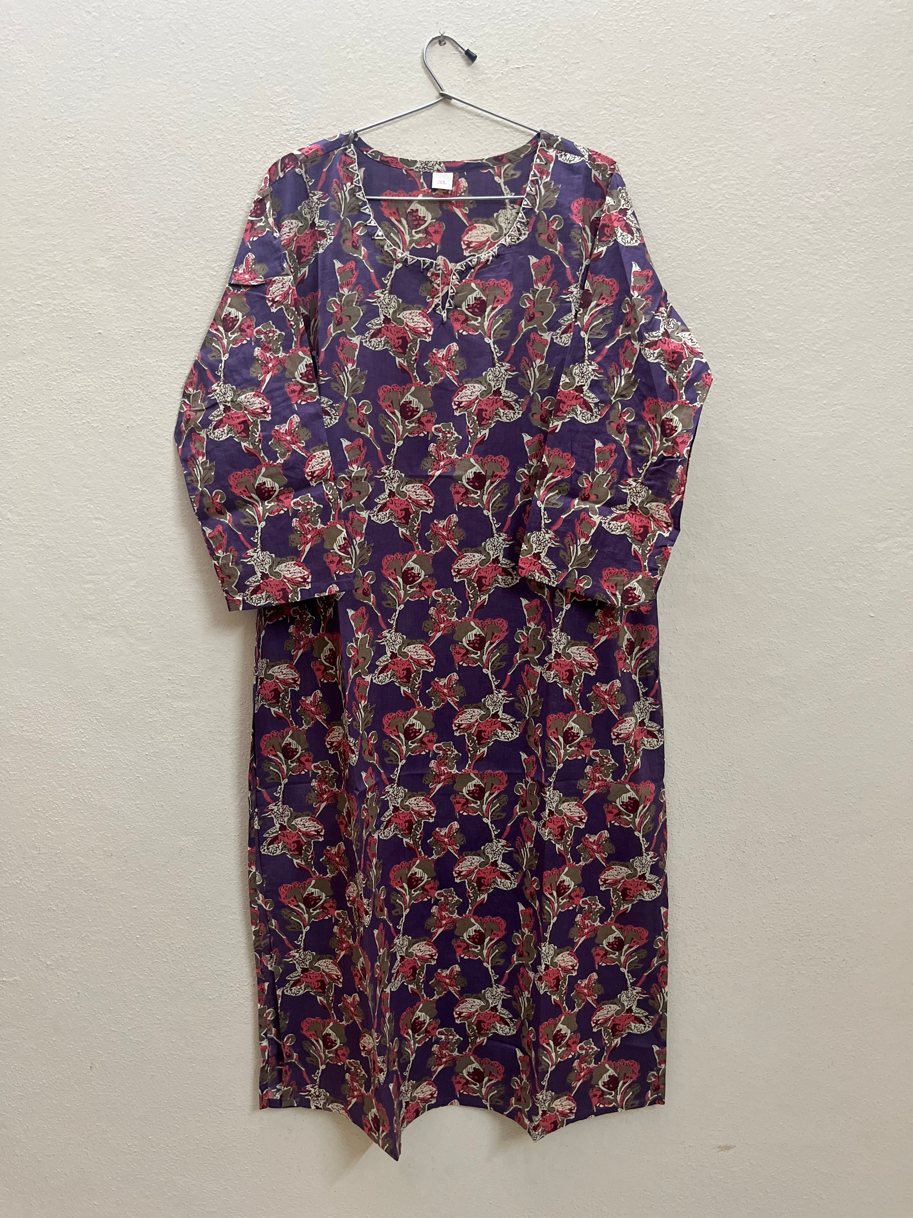 Cotton Full hands violet floral full length kurti