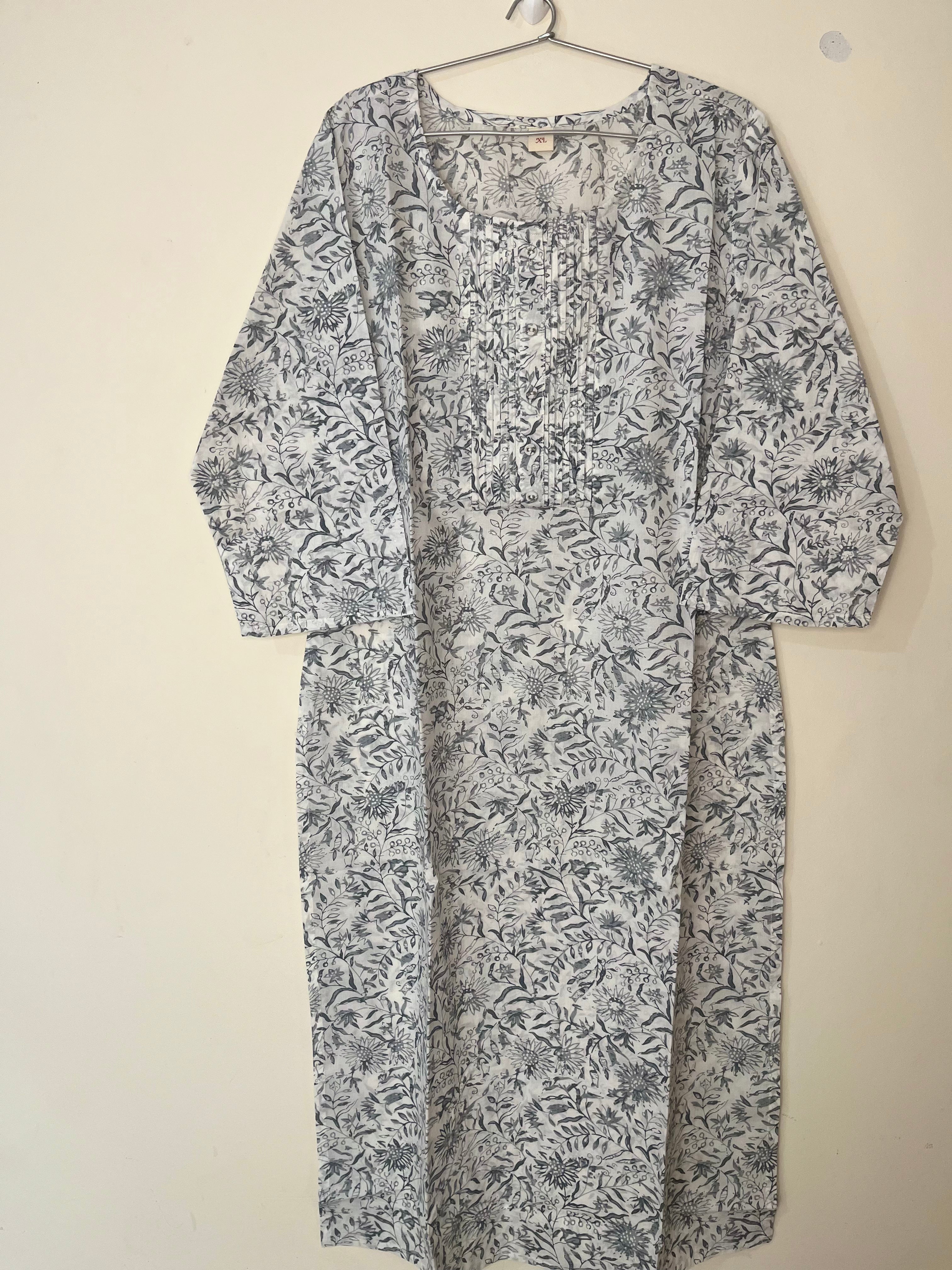 Cotton Full hands white floral print kurti
