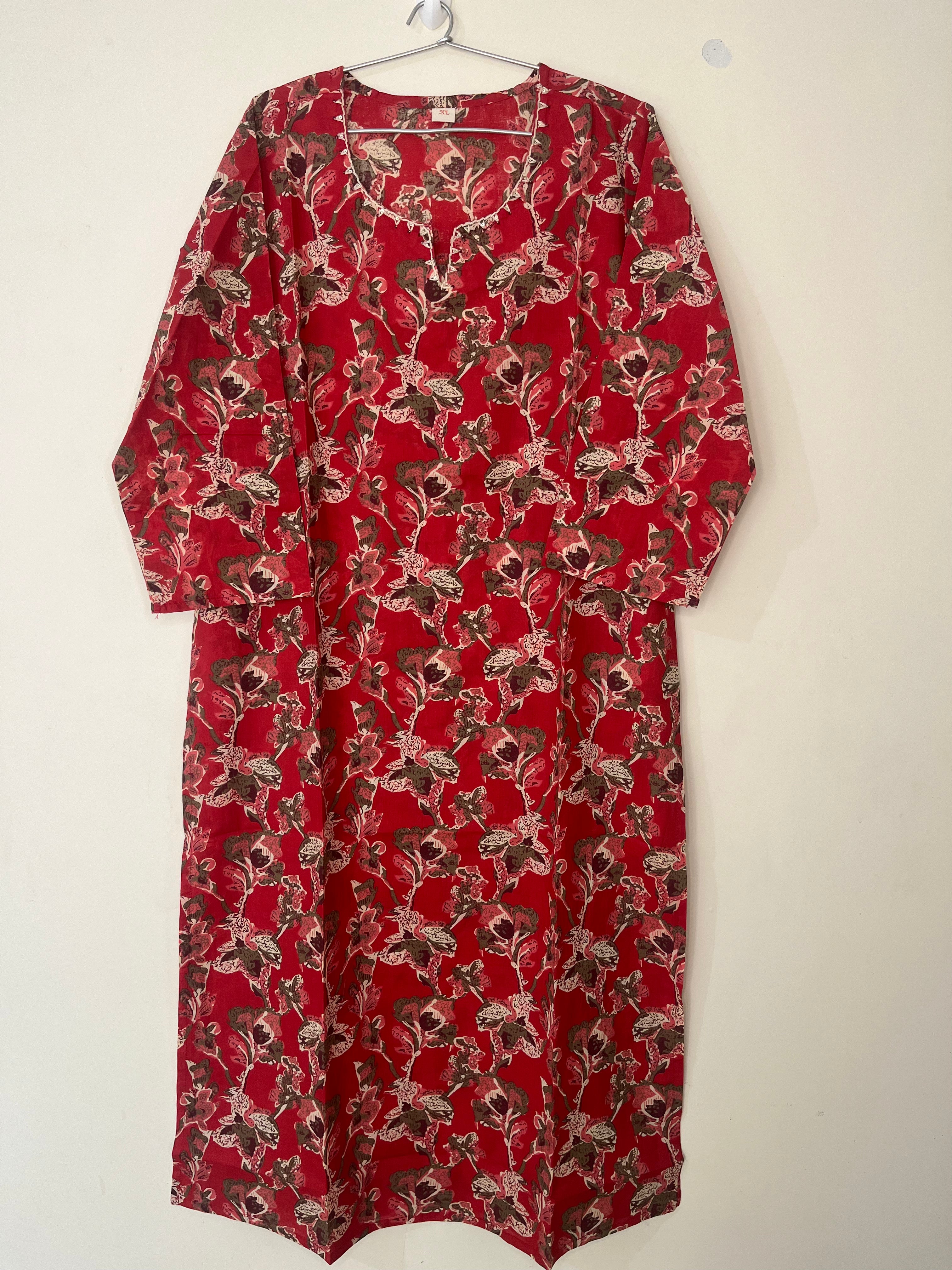 Cotton Full hands red floral full length kurti