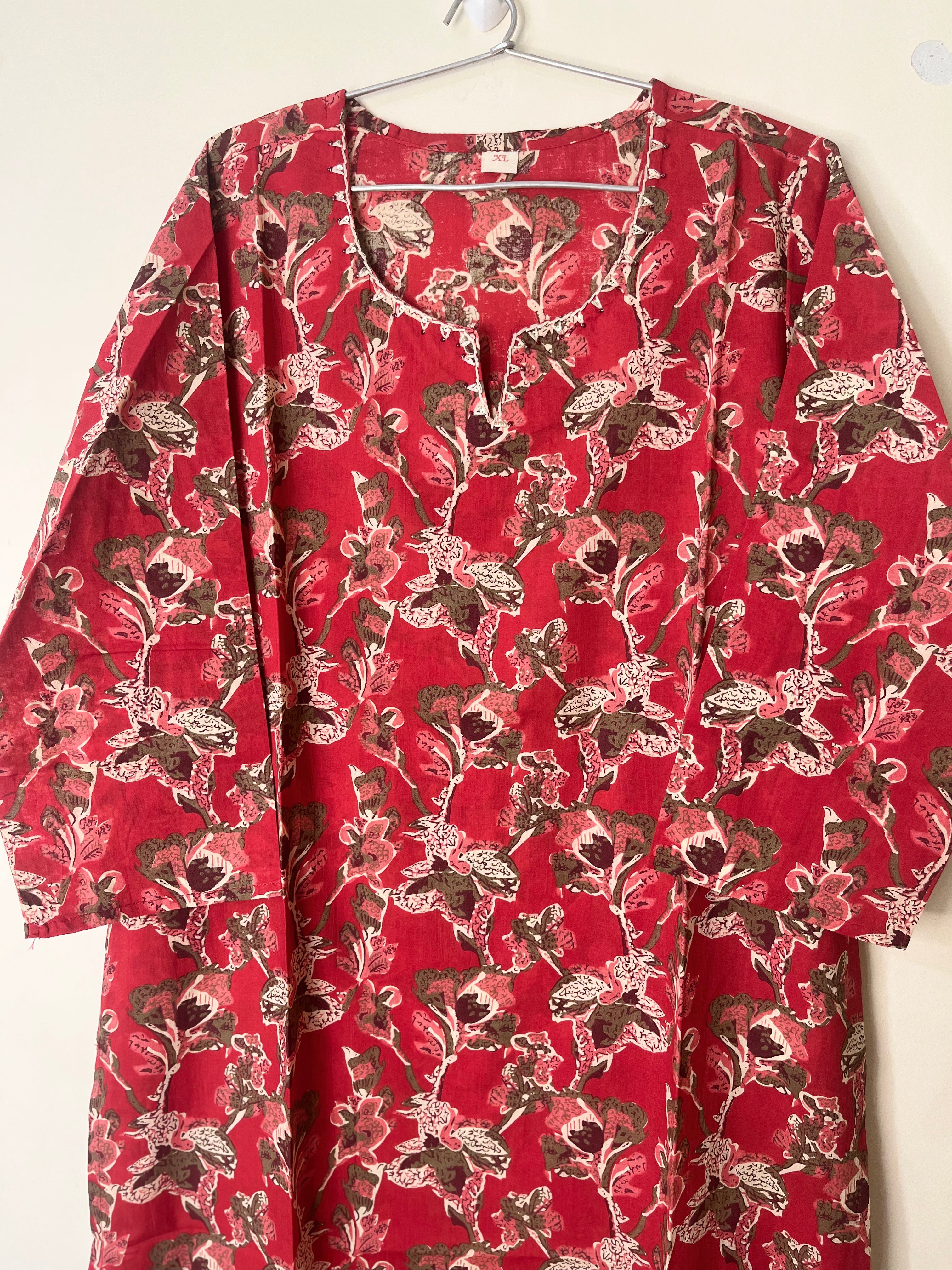 Cotton Full hands red floral full length kurti