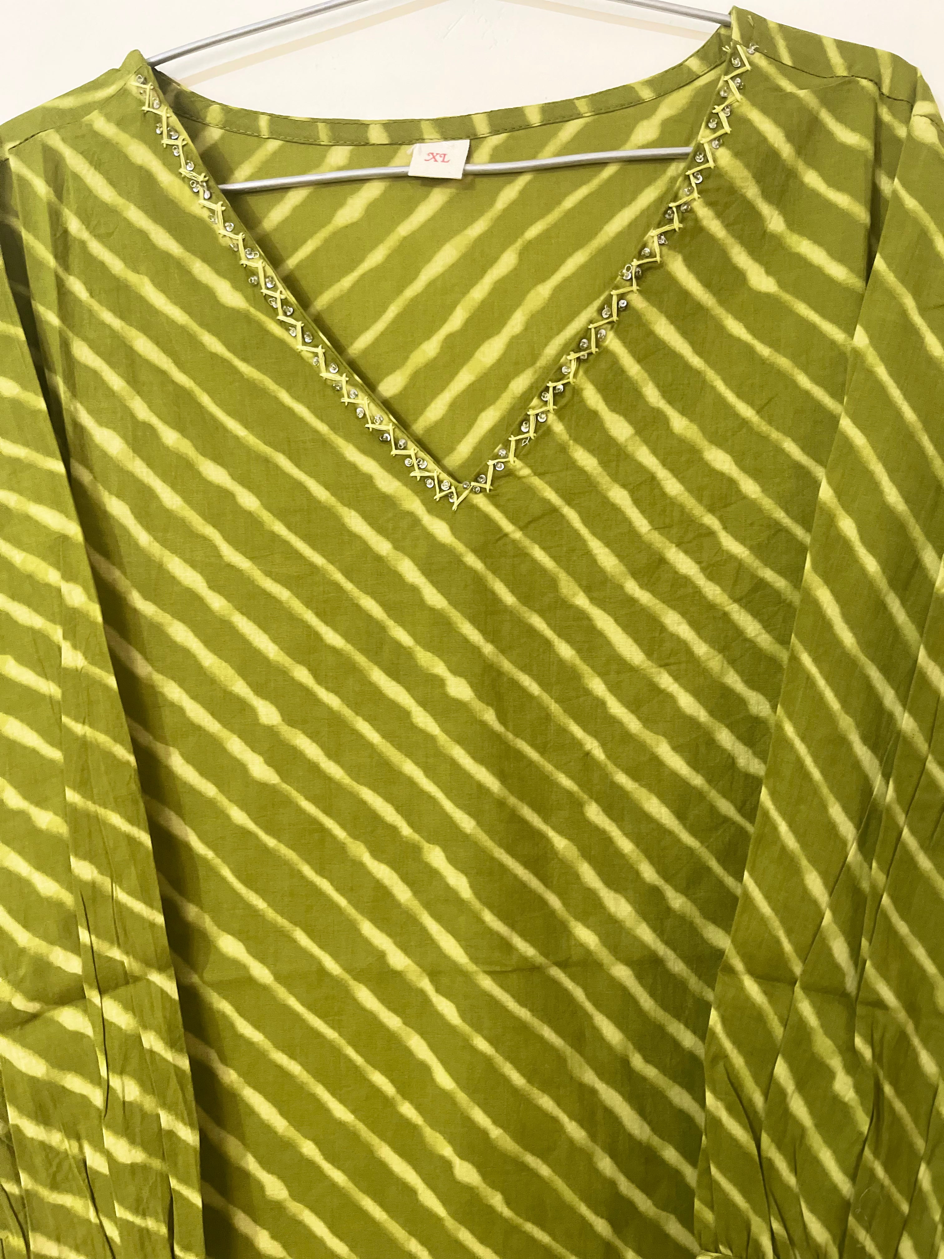 Cotton Full hands olive green stripes full length kurti