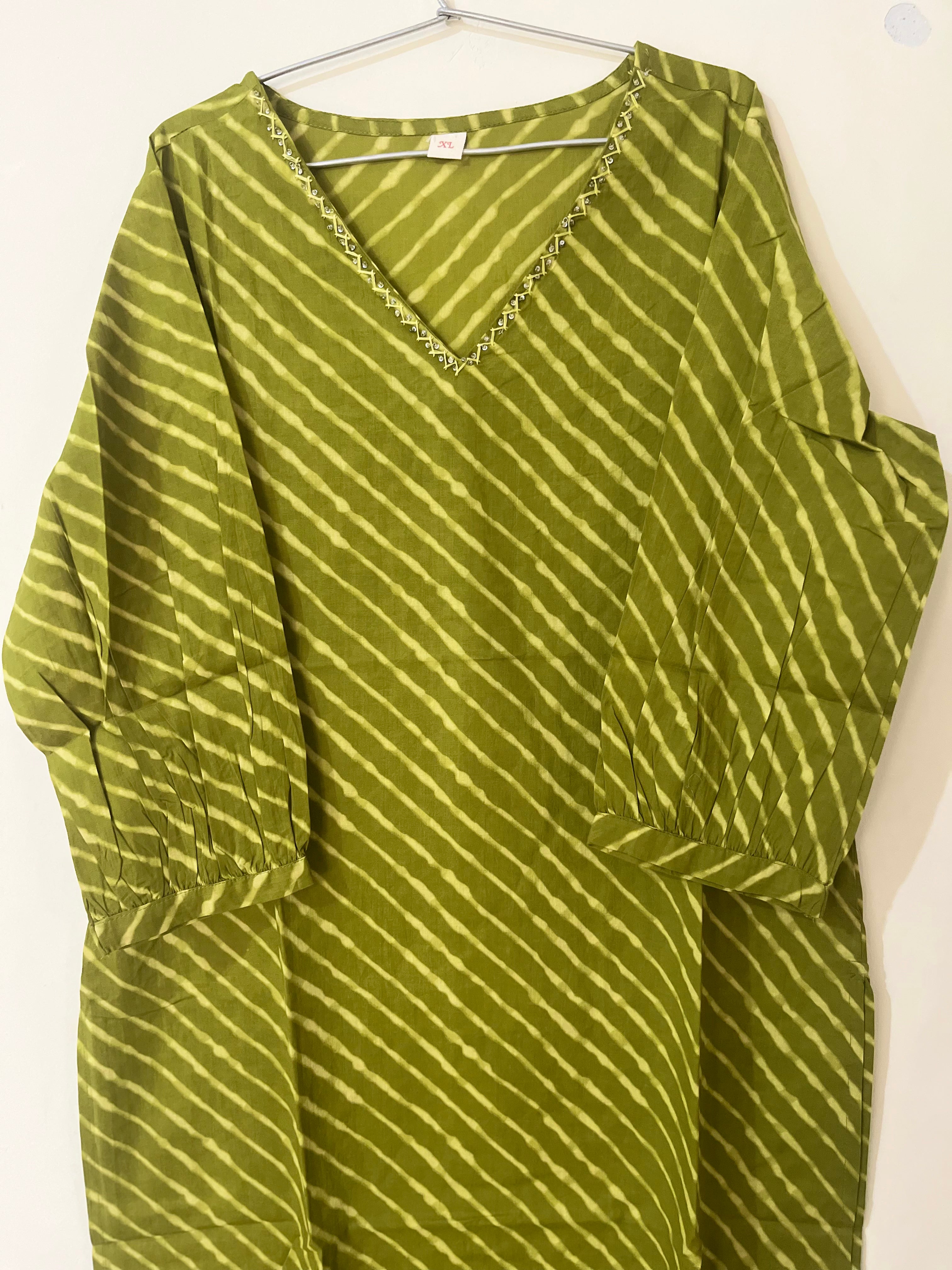 Cotton Full hands olive green stripes full length kurti