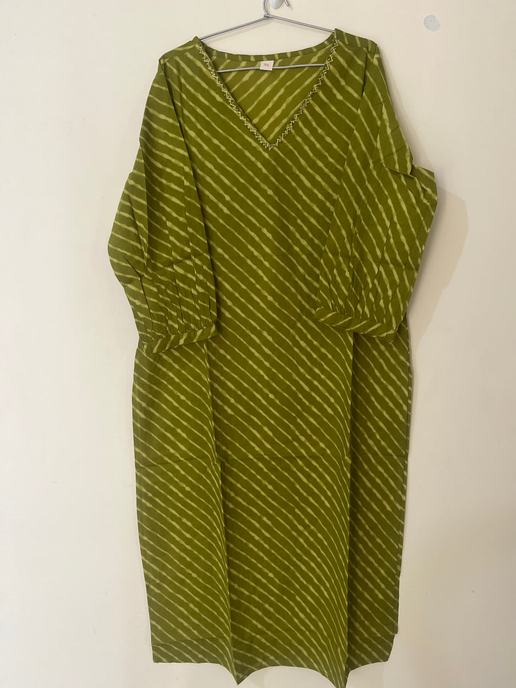 Cotton Full hands olive green stripes full length kurti